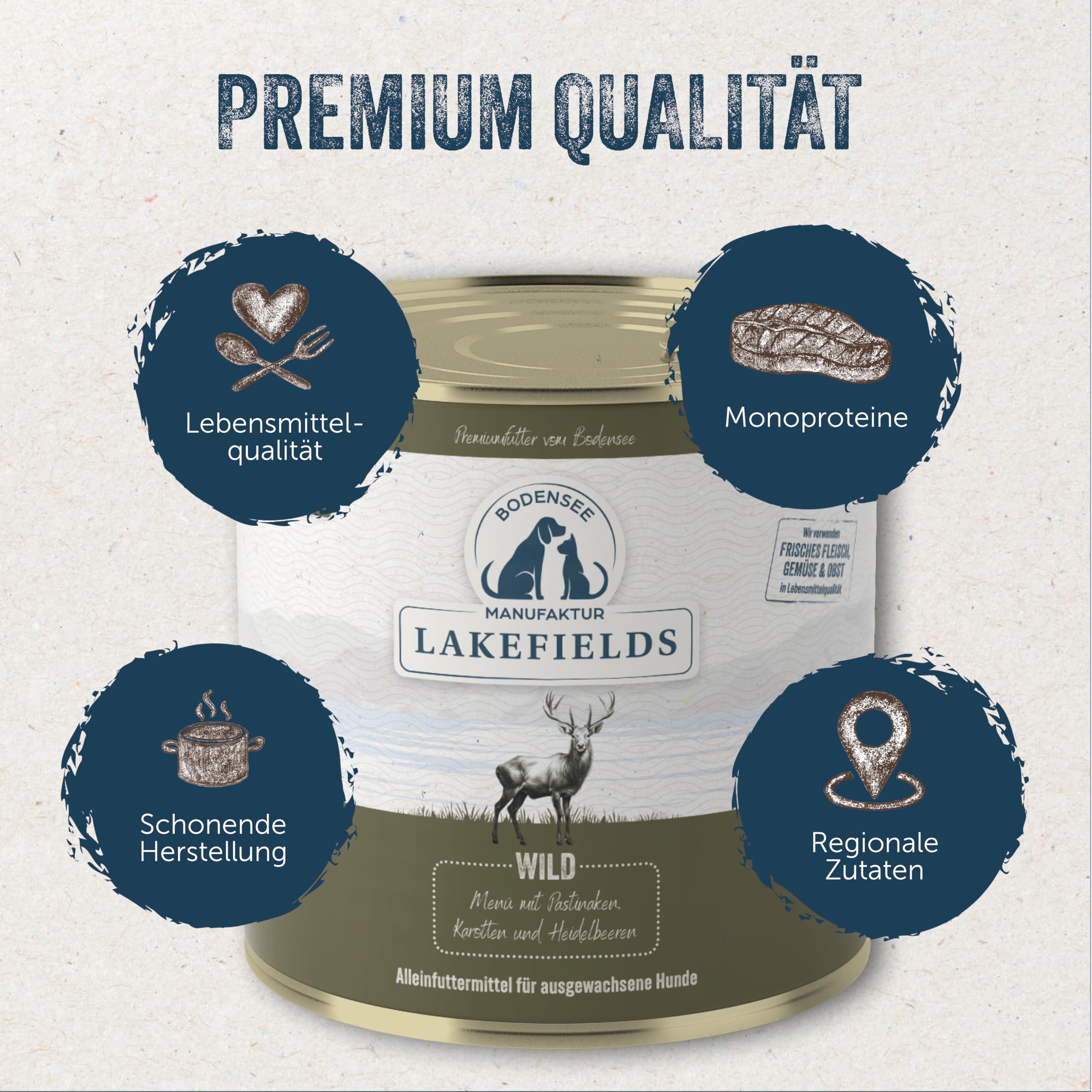 Lakefields Premium Hundefutter Nass | Wild 59% | 6 x 800g | Getreidefreies Nassfutter für Hunde | Natürliche Zutaten in Lebensmittelqualität | Karotten, Kartoffeln & Heidelbeeren | Schonend gegart