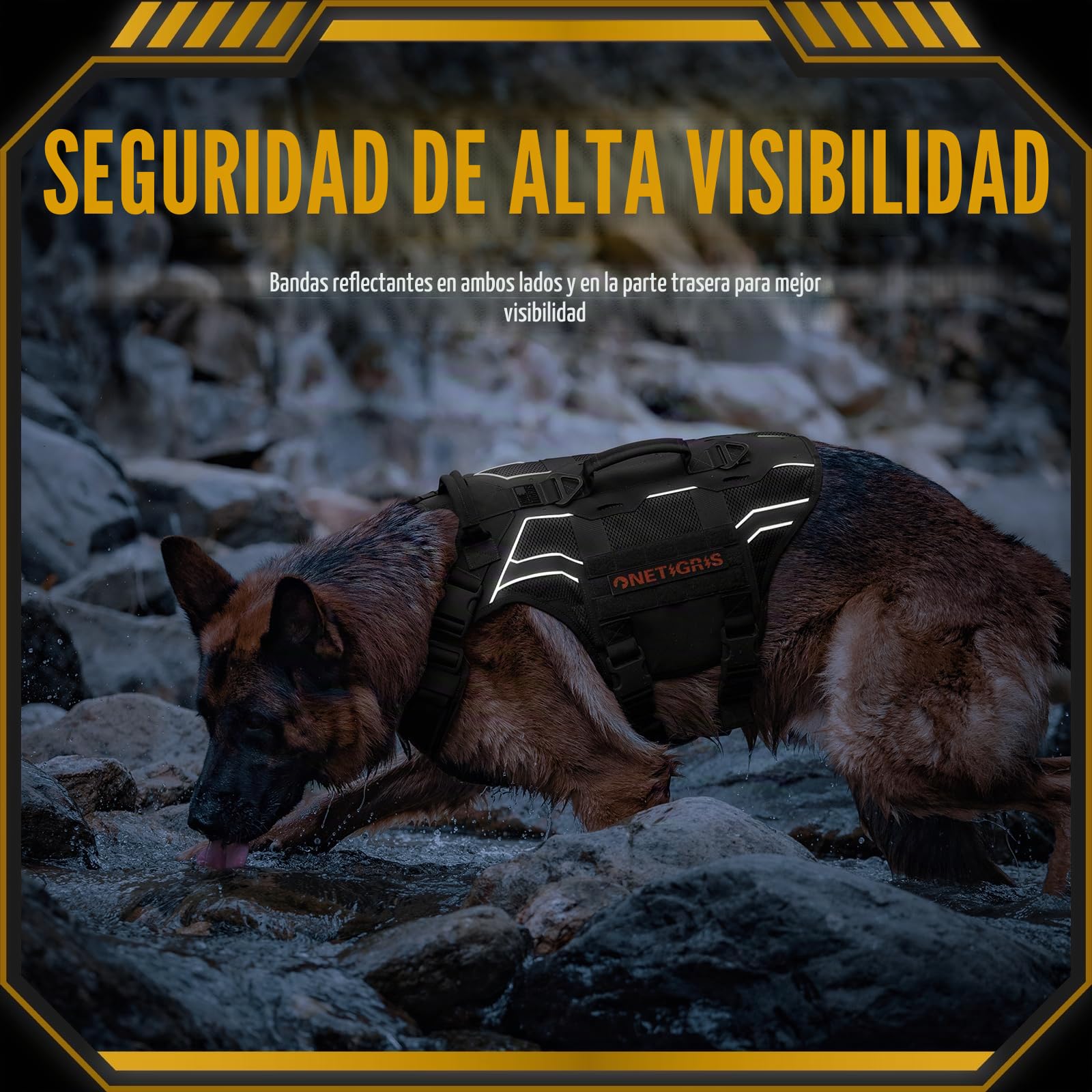OneTigris Arnés Pecho Antitirones Perros, Aire Armor Mesh Arnés Perro Reflectante Ajustable, Táctica Arnes Perro Grande Mediano, con 2 Asas y 3 Anillos, con Sistema Molle - Negro L