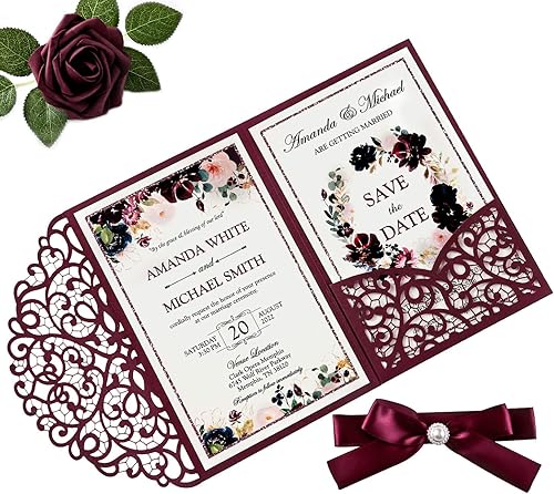DORIS HOME Juego de 50 invitaciones de boda personalizadas de 4.7 x 7 pulgadas, 50 unidades de color burdeos, cortadas con láser, tarjetas de