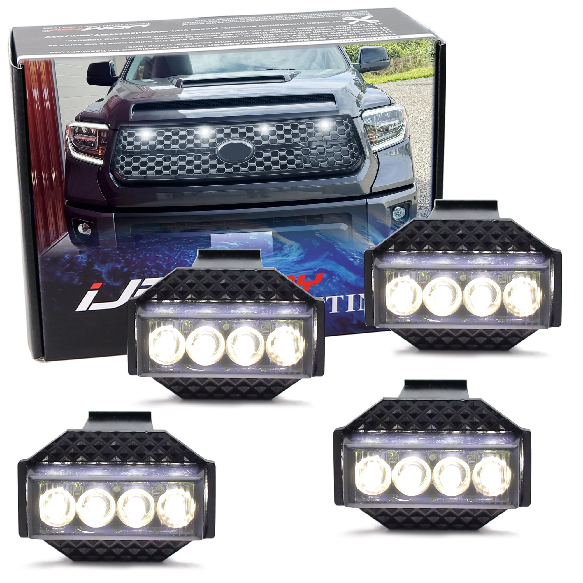 4pc Black-Out Smoked Lens Xenon White Full LED Front Grille Clearance Light Kit Compatible with Toyota 2018-2021 Tundra w/Honeycomb, Non-TRD, Non-Horizontal Beam Grille