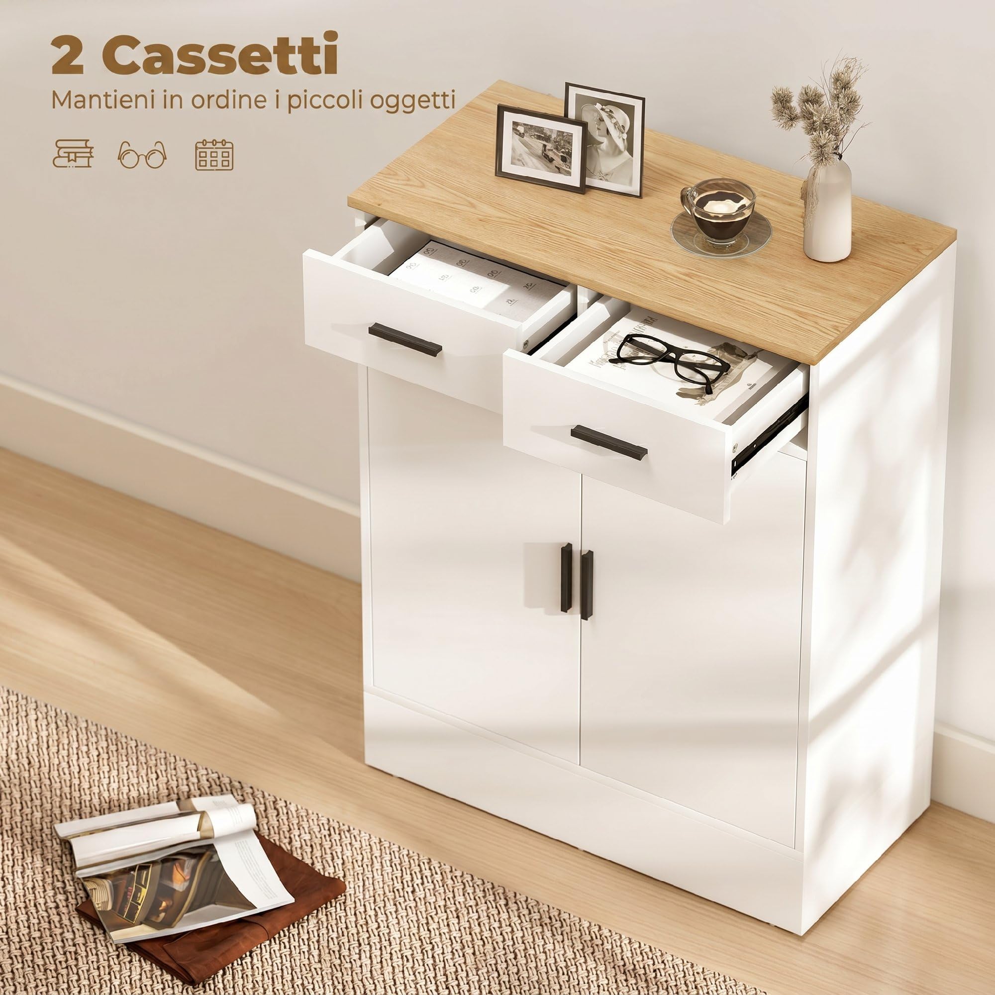 HOMCOM Credenza Cucina con 2 Cassetti e Armadietto 2 Ante, Mobile Cucina Moderno con Ripiano Regolabile, Credenza Buffet per Soggiorno, Sala da Pranzo e Salotto, 68.6x35x90.3 cm, Bianco e Color Legno