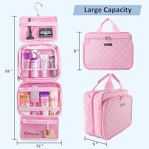Miniatura 3 de Neceser grande de viaje, bolsa de maquillaje, organizador de gancho colgante para champú acondicionador, Rosado, Tela de algodón suave con