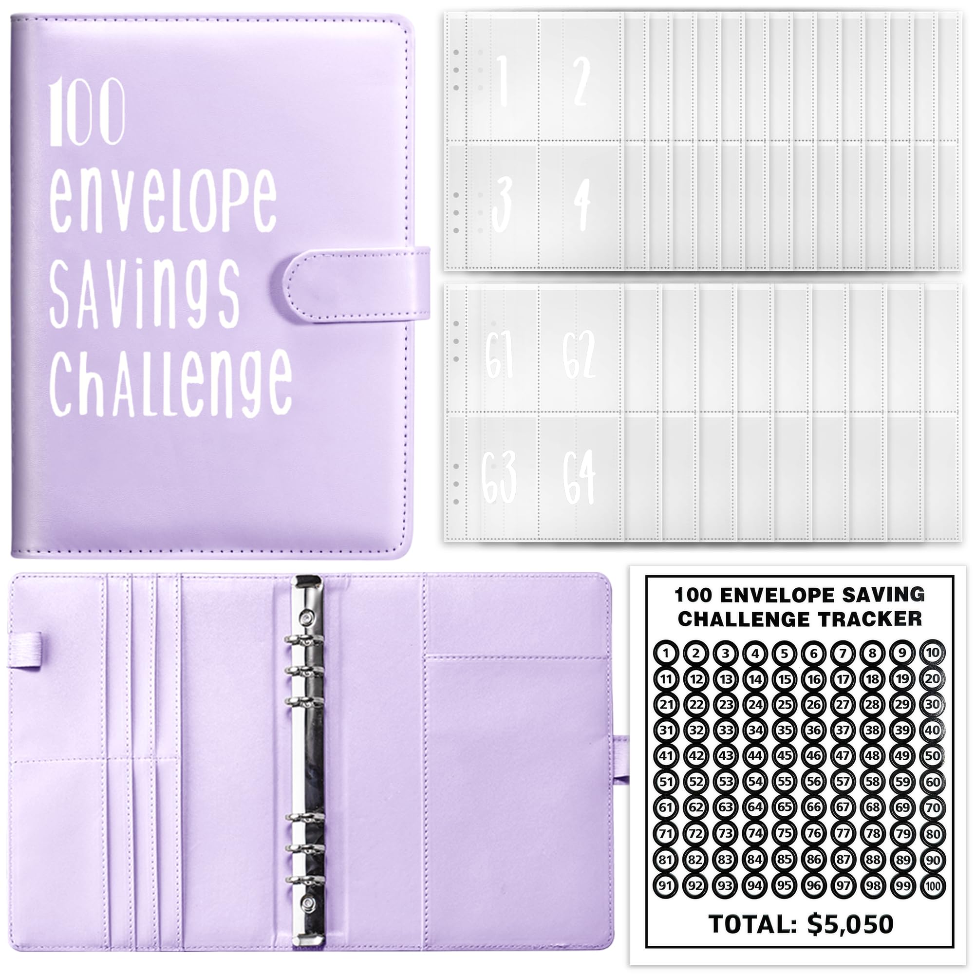 MATHARAGO 100 Envelope Savings Challenge Binder, Budget Planner with Cash Envelopes for Total $5050, A5 PU Leather Notebook 100 Day Money Saving Challenge Binder Cash Envelopes (Purple)