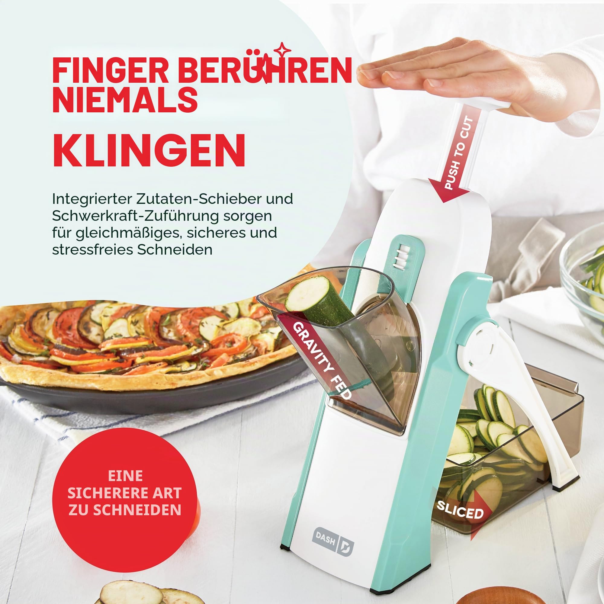 DASH Safe Slice Mandoline Slicer, Julienne + Dicer für Gemüse, Meal Prep & More mit 30+ Voreinstellungen & Dickenversteller, Presets, Aqua