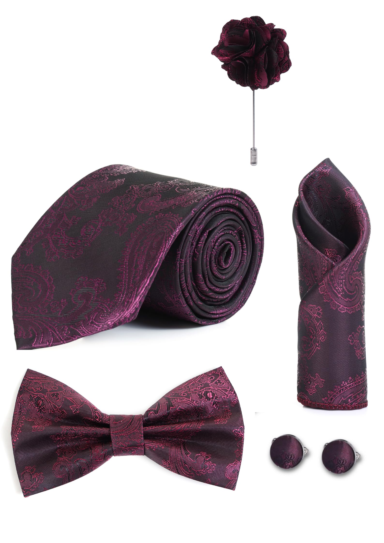 Random Stripe Necktie For Men With Bow Ties Lapel Flowar & Cufflinks Pair Jacquard Self-Design Combo stylish Box (5 items in The Box)-image-18