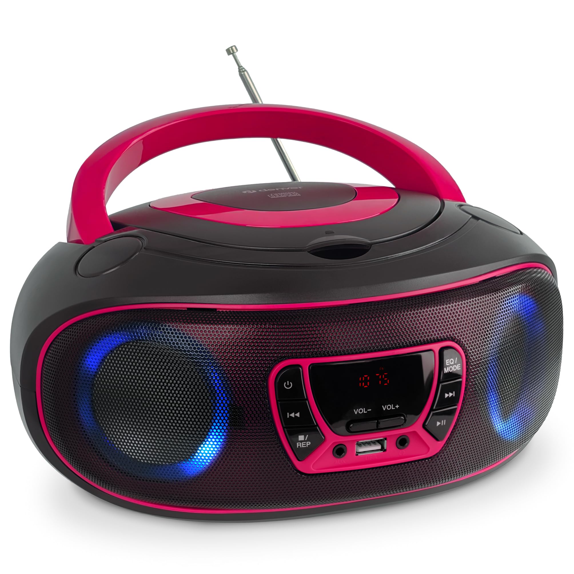 Lettore Cd Portatile Con Bluetooth Denver TCL-212BT Rosa. Boombox. Fm Radio. Volume 2X2W. Ingresso Usb, Aux E Per Cuffie. Effetto Luci.-image