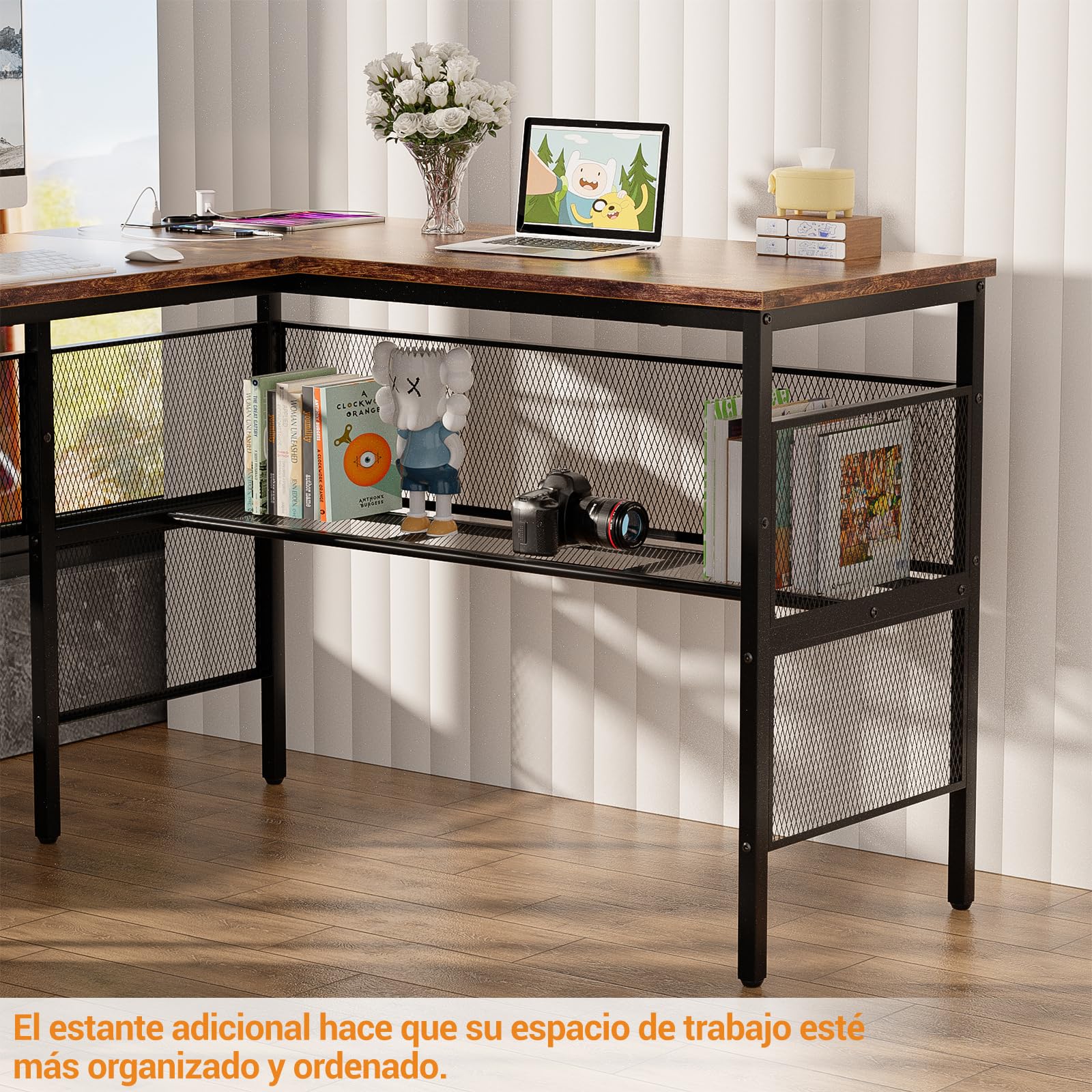 iSunirm Escritorio de Esquina Ordenador,140 x 116 x 76cm Escritorio en L con Enchufes y Puerto de Carga USB,Mesa en L con Estante para Monitor para Oficina en Casa,Marrón