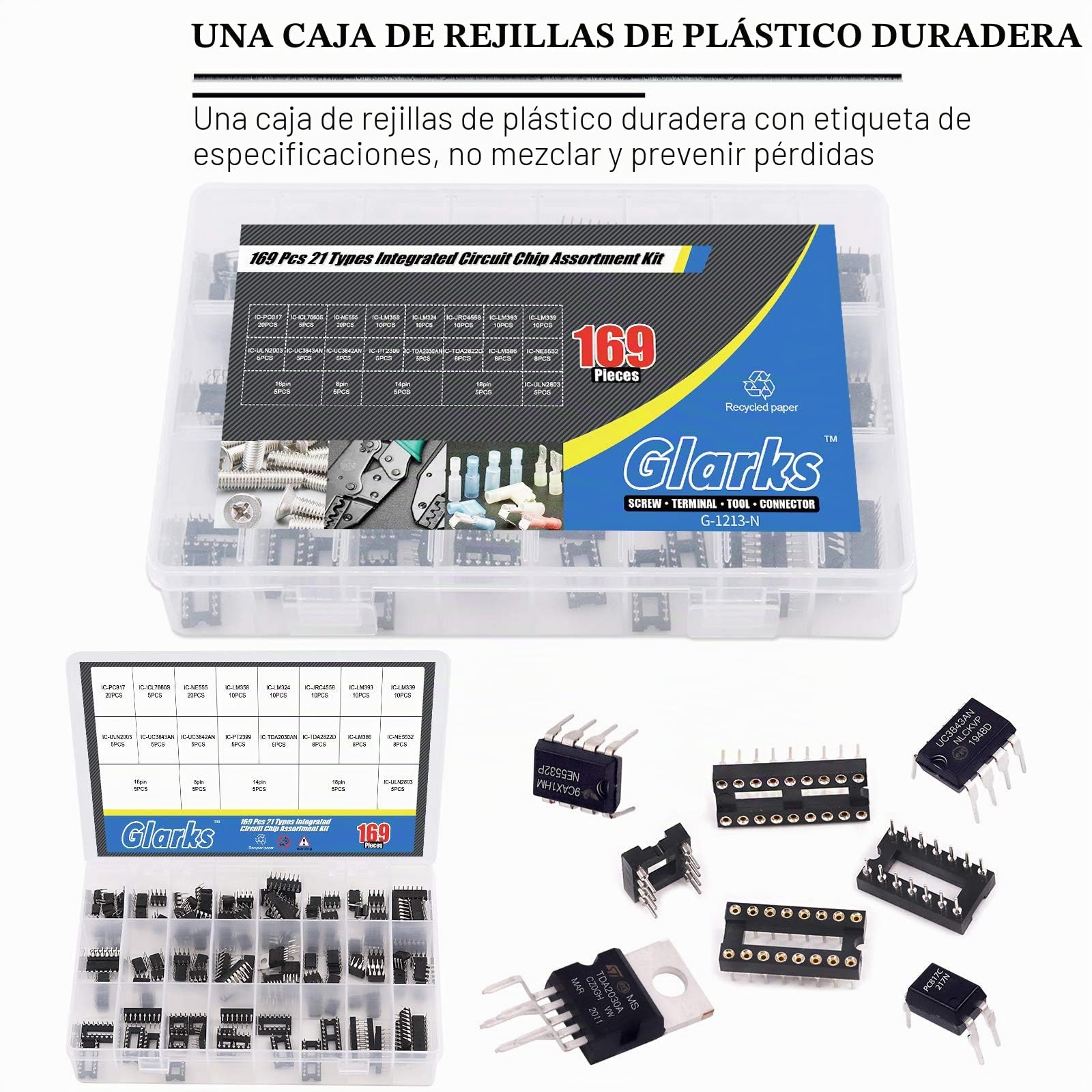 Glarks 169 piezas IC Chip surtido opamp, oscilador, pwm, PC817, NE555, LM358, LM324, JRC4558, LM393, LM339, NE5532, LM386, TDA2030, TDA2822, PT2399, UC3842, UC3842, UC30. 843, UL. N2003, ULN2803.
