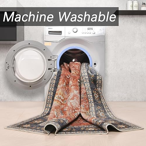 Miniatura 7 de Alfombra clásica, lavable, de pelo bajo, con estampado floral, antideslizante, persa, estilo bohemio, para interiores o sala de estar, 4 x 6 pies,