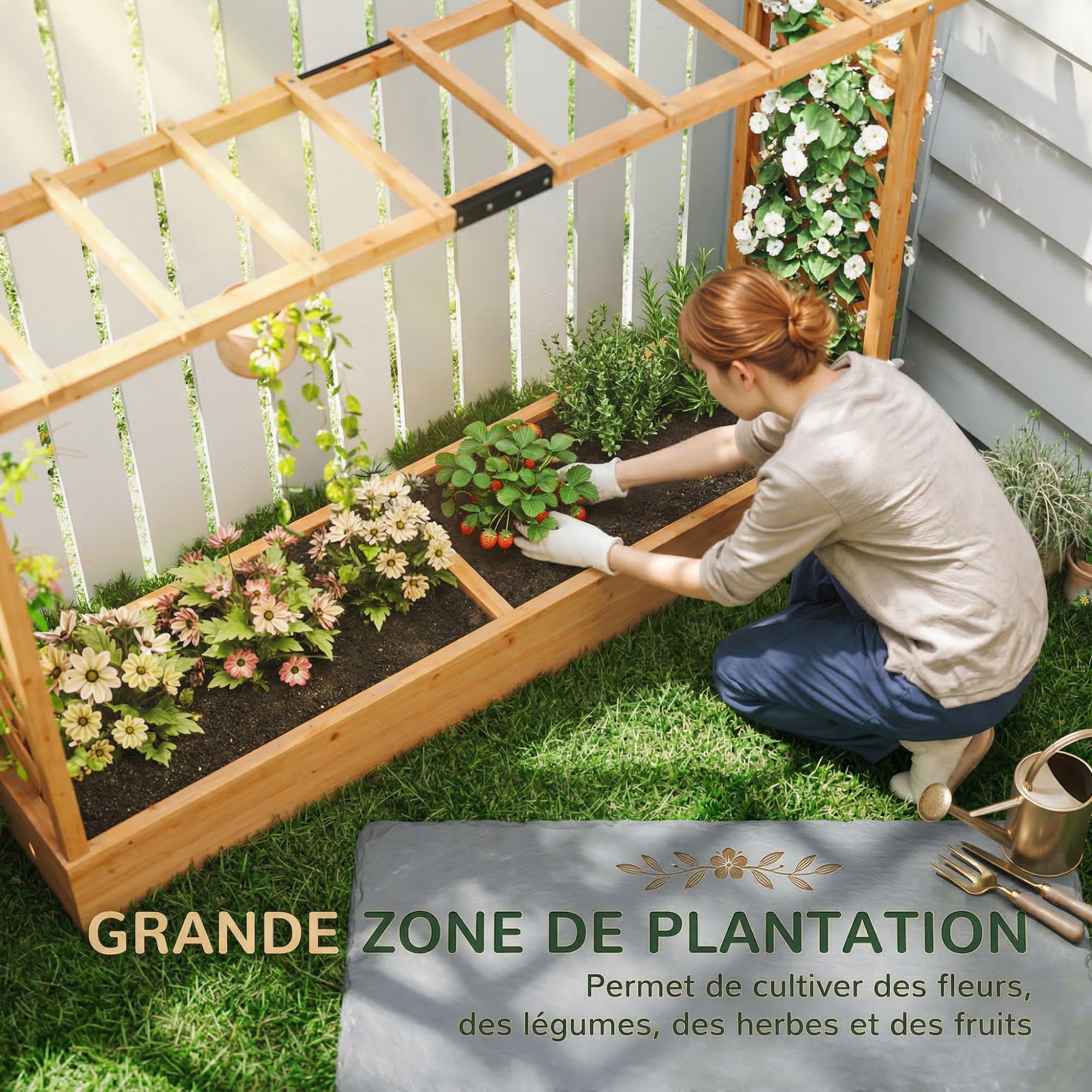 Outsunny Jardinière Surélevée avec Treillis Latéral et Supérieur, bac à Fleurs, lit surélevé Trous de Drainage, pour Plantes grimpantes, Fleurs, extérieur, Bois Massif, 200x44x113,5cm, Bois Naturel