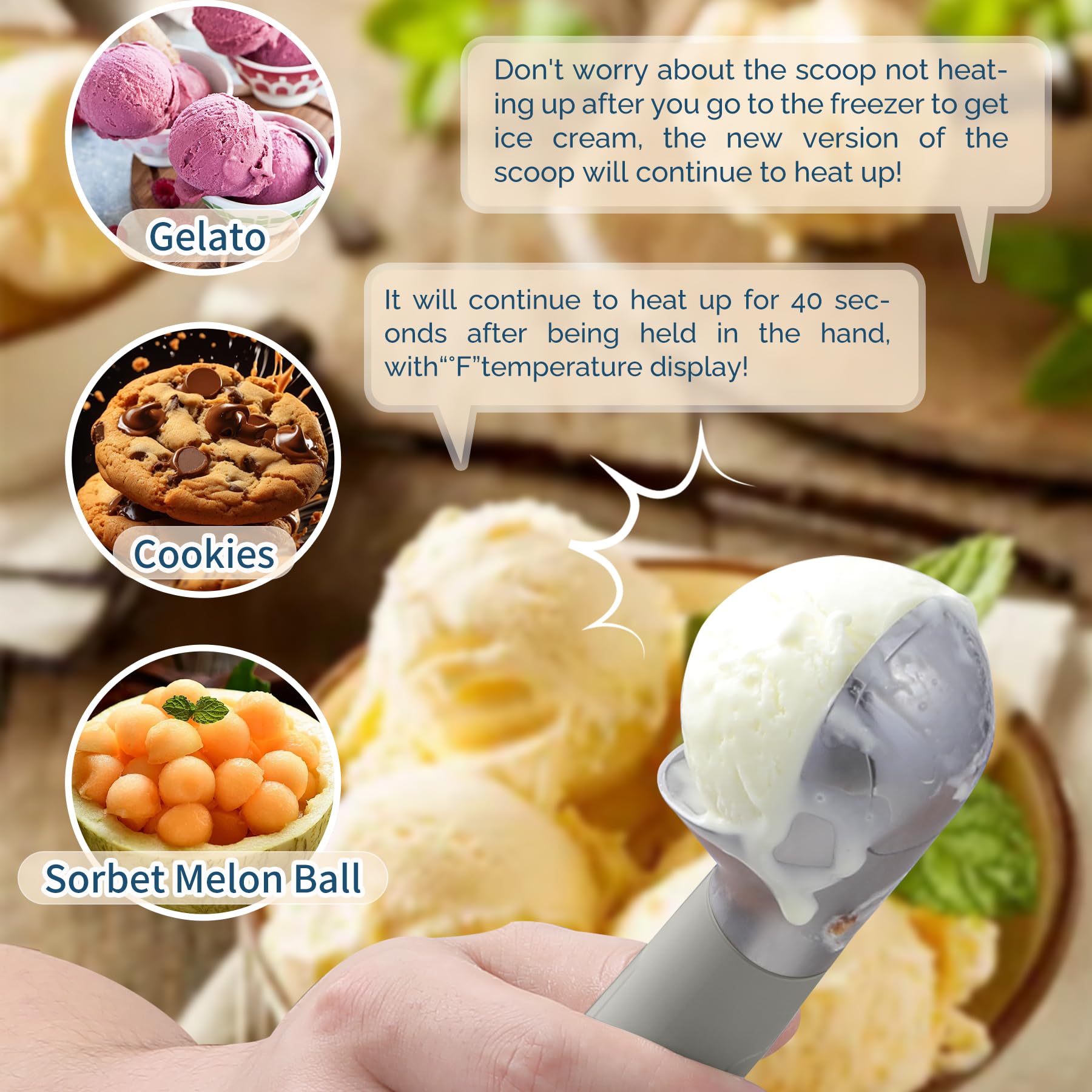 Cuchara de helado calentada recargable, cuchara eléctrica para helado con pantalla LED, se calienta a 70.0 °C para helados duros, fácil para personas mayores y niños, impermeable IP67 (gris, 2 onzas)