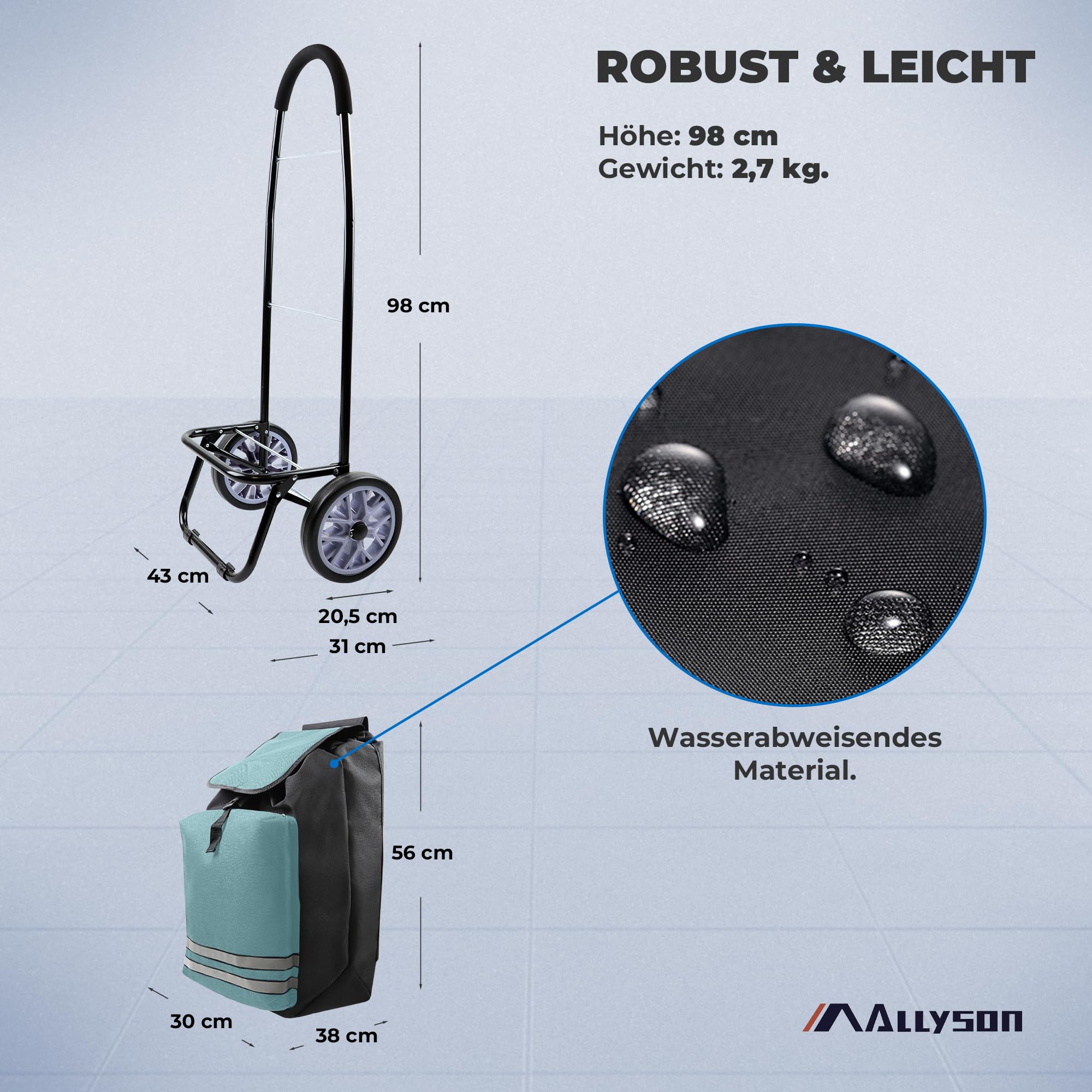 Allyson® Einkaufstrolley klappbar mit Reflektoren & Kühltasche, Einkaufswagen 45L Kapazität, Wetterfester Shopping Trolley, Treppensteiger Trolley mit Geräuschlosen Rädern & Abnehmbarer Tasche - Grün
