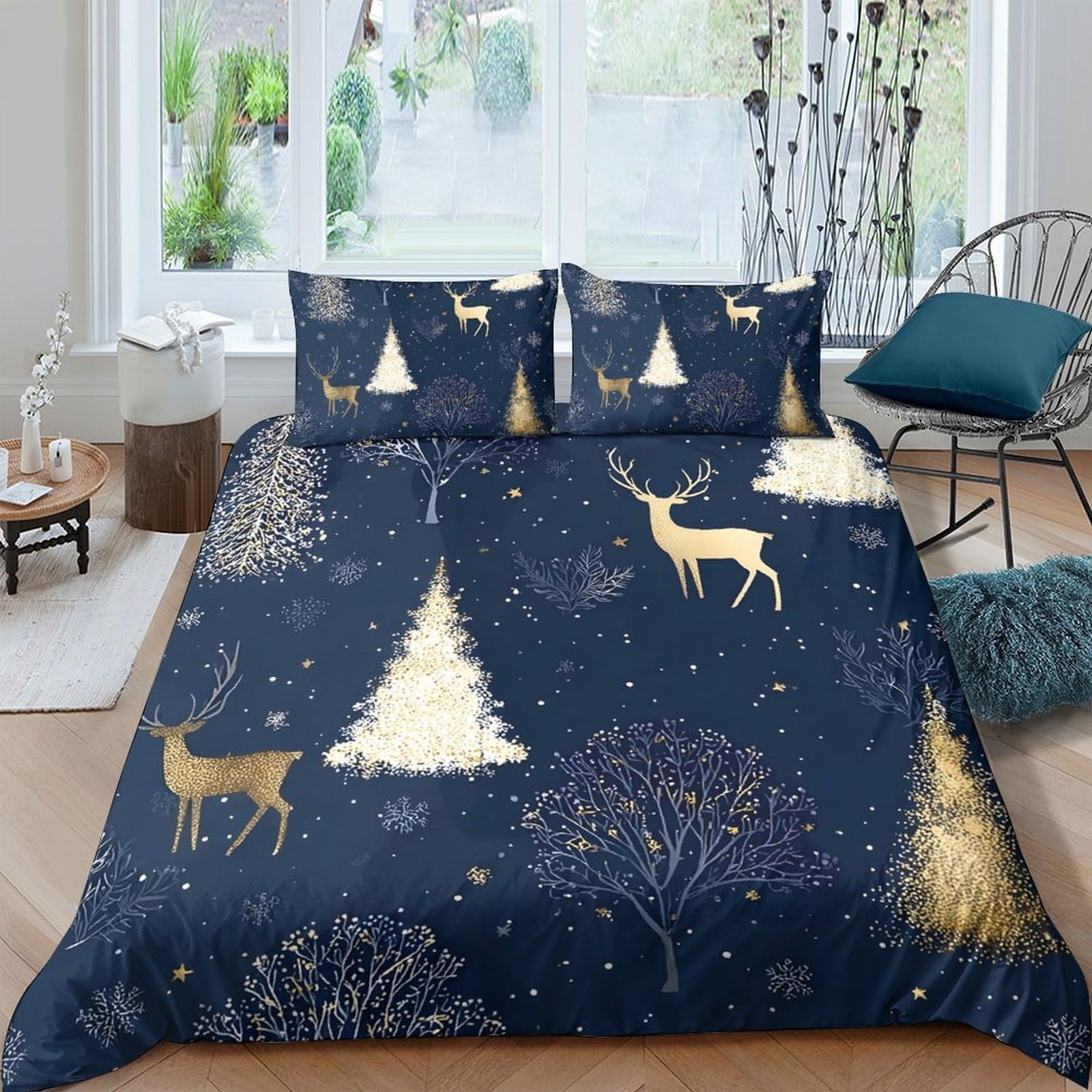 Ctjqhvkz Style-9 3D Printed Golden Reindeer Fitted Sheet Microfiber Forest Christmas Tree Bed Cover For Bedroom Guest Room Decor Single（135X200cm）