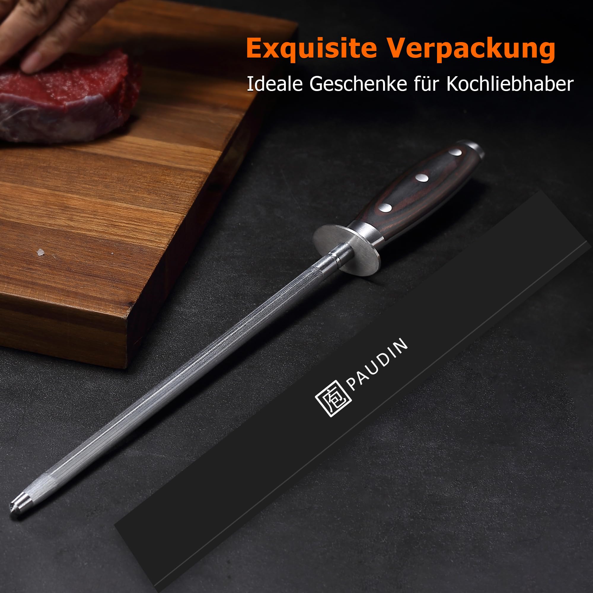PAUDIN Razor Sharp Acier humide pour couteaux Affûter 25 cm, acier trempé, meuleuse à couteau de haute qualité avec poignée en bois ergonomique pour des anneaux précis et une netteté longue durée