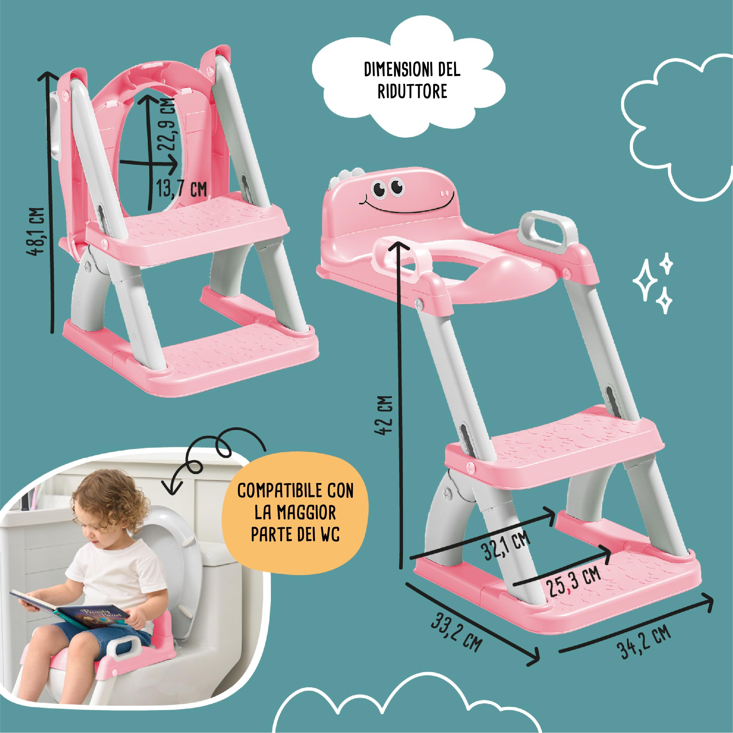 Riduttore WC Bambini con Scaletta – Sedile WC Pieghevole per Apprendimento Autonomo – Adattatore Toilette con Gradino Antiscivolo e Maniglie – Vasino Bambini