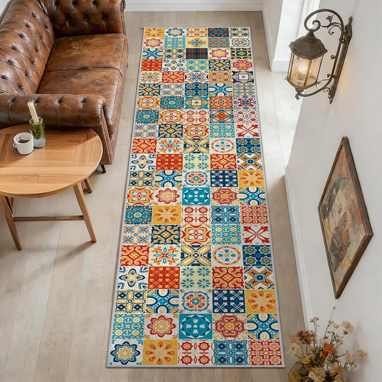 Runner Rug Non-Slip Washable Hallway Runner Rug Faux Wool Low Pile with Rubber Backing Carpet Runner for Entryway, Hallway, Kitchen, and Corridor. (Colorful Checkered, 2x10 ft)