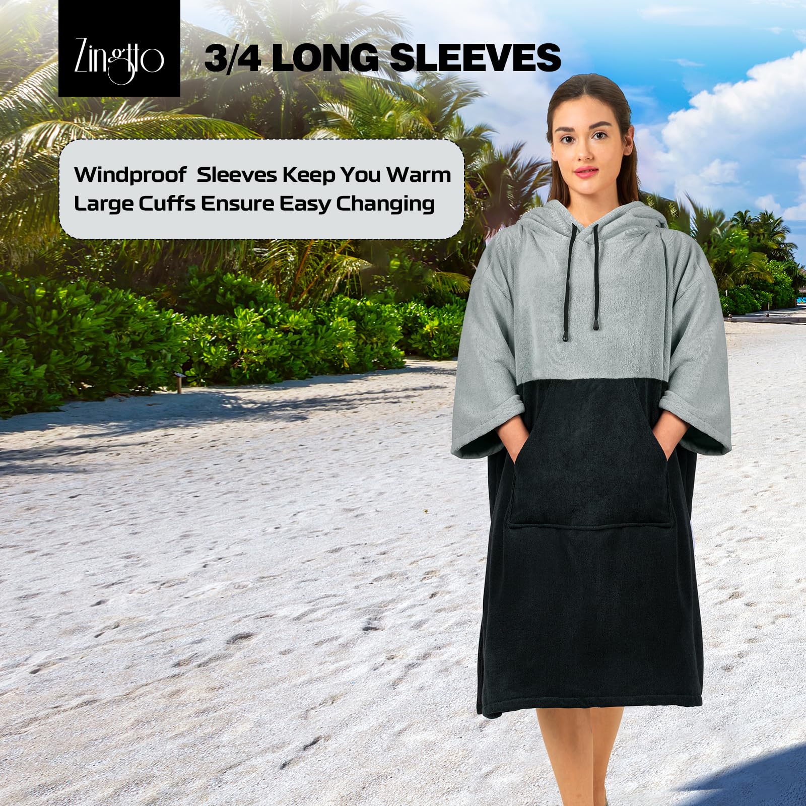 Zingtto Surf Poncho Changing Robe, 3/4 Sleeve Extra Large Thick Hoodie Towel Poncho for Men Women Beach Swimming, 39x31, Black Gray - Image 3