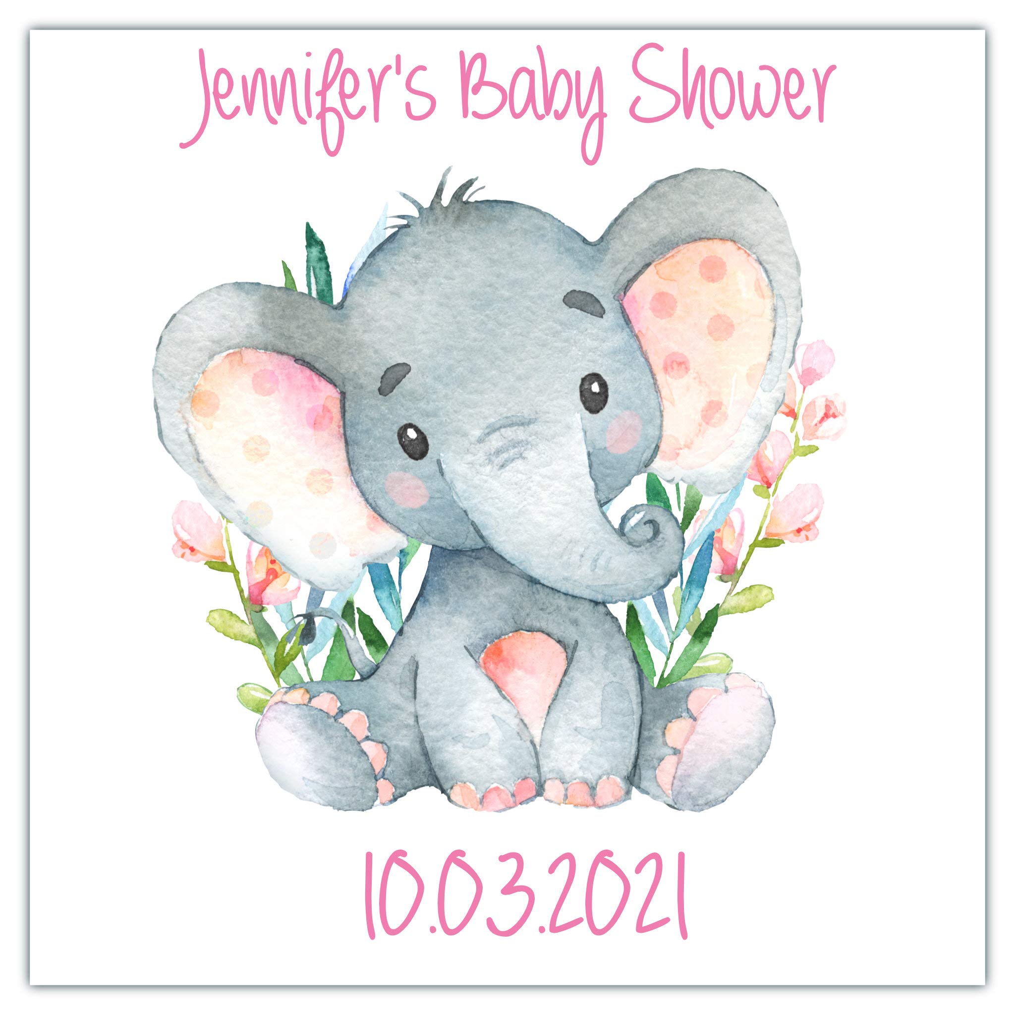 Personalised Baby Shower Stickers for Party Bags Seals Watercolour Elephant (12 x Square 60mm Large)