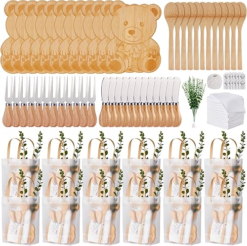 Vista 12 de Premios de baby shower para ganadores de juegos, tabla de queso en forma de oso, regalo con cucharas, esparcidores de mantequilla, bolsas de regalo