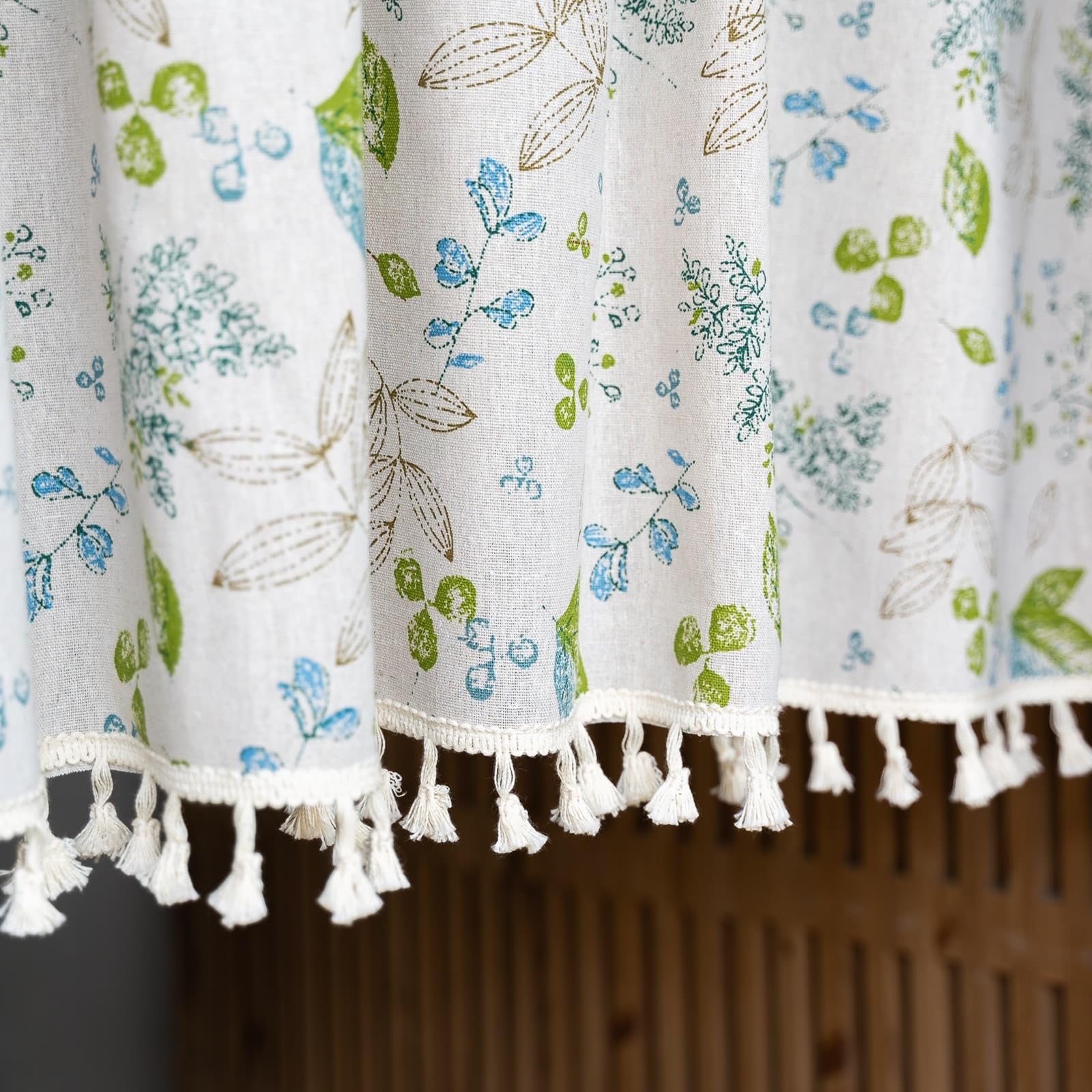 Cortina de cocina con borlas y hojas bordadas, visillo de gasa en algodón y lino beige