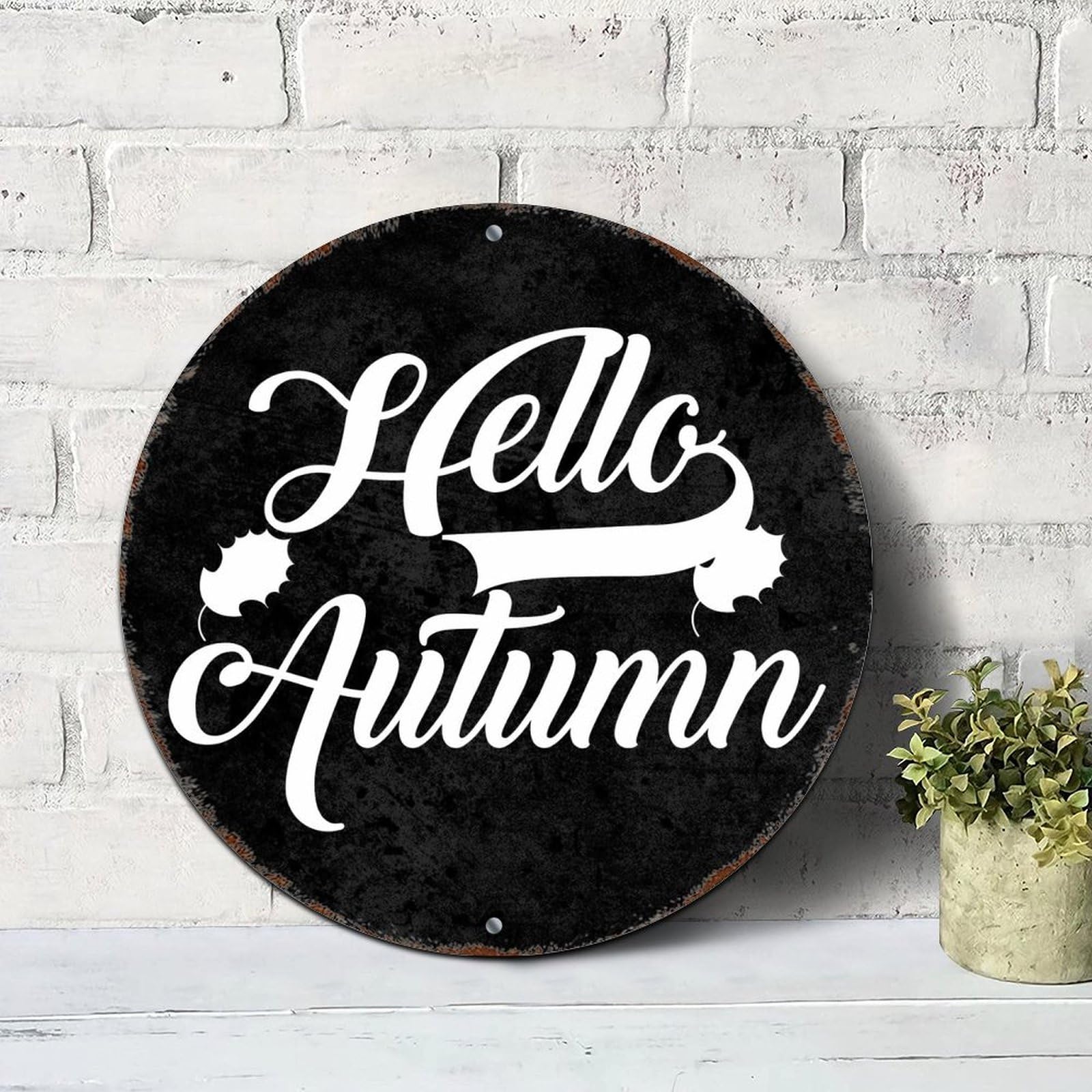 Round Vintage Metal Sign Hello Autumn Vintage Wall Decor Metal Sign Motivational Quote Rustic Shabby Chic Sign for Front Porch Laundry Room