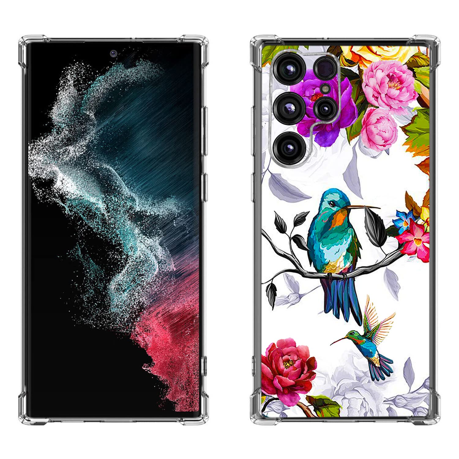 Beaucov Galaxy S22 Ultra Case, Hummingbird in Flowers Bird Drop Protection Shockproof Case TPU Full Body Protective Scratch-Resistant Cover for Samsung Galaxy S22 Ultra 5G