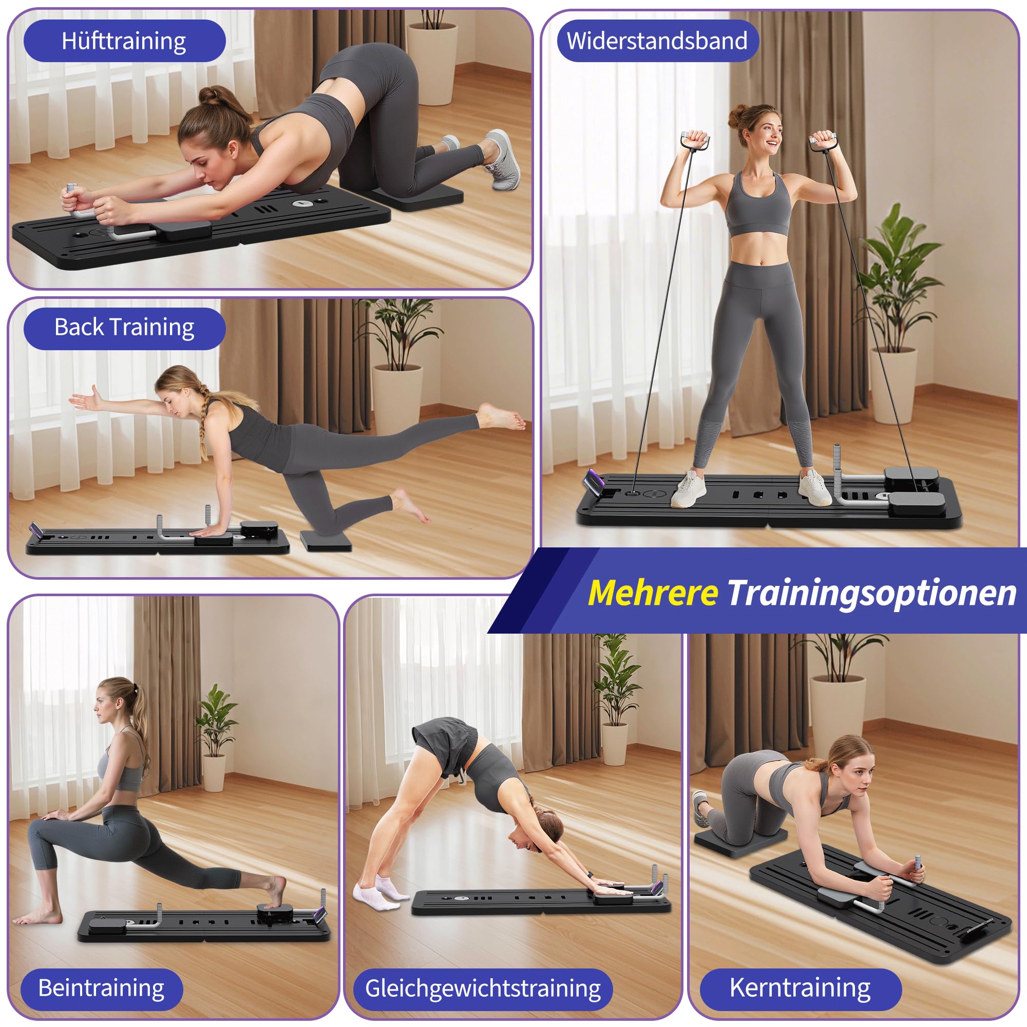 Pilates Board, Faltbarer Pilates Reformer Maschine Set Für Zuhause, Multifunktionales Core-Trainingsgerät Mit Automatischer Rückprallroll und Handyhalter Für Home Workout Equipment