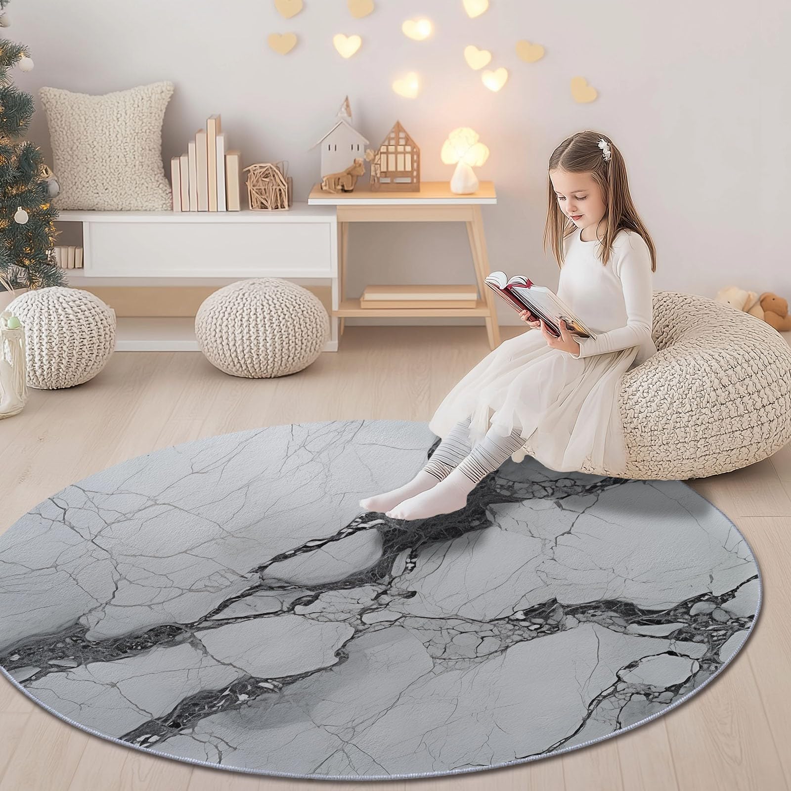 Grau Runder Teppiche Wohnzimmer 150 cm, Waschbar & Rutschfester Weicher Kurzflor Teppich Schlafzimme, Stilvoll Wasserwellenmuster Elegant Marmormuster Teppich Rund für Kinderzimmer, Esszimmer, Büro