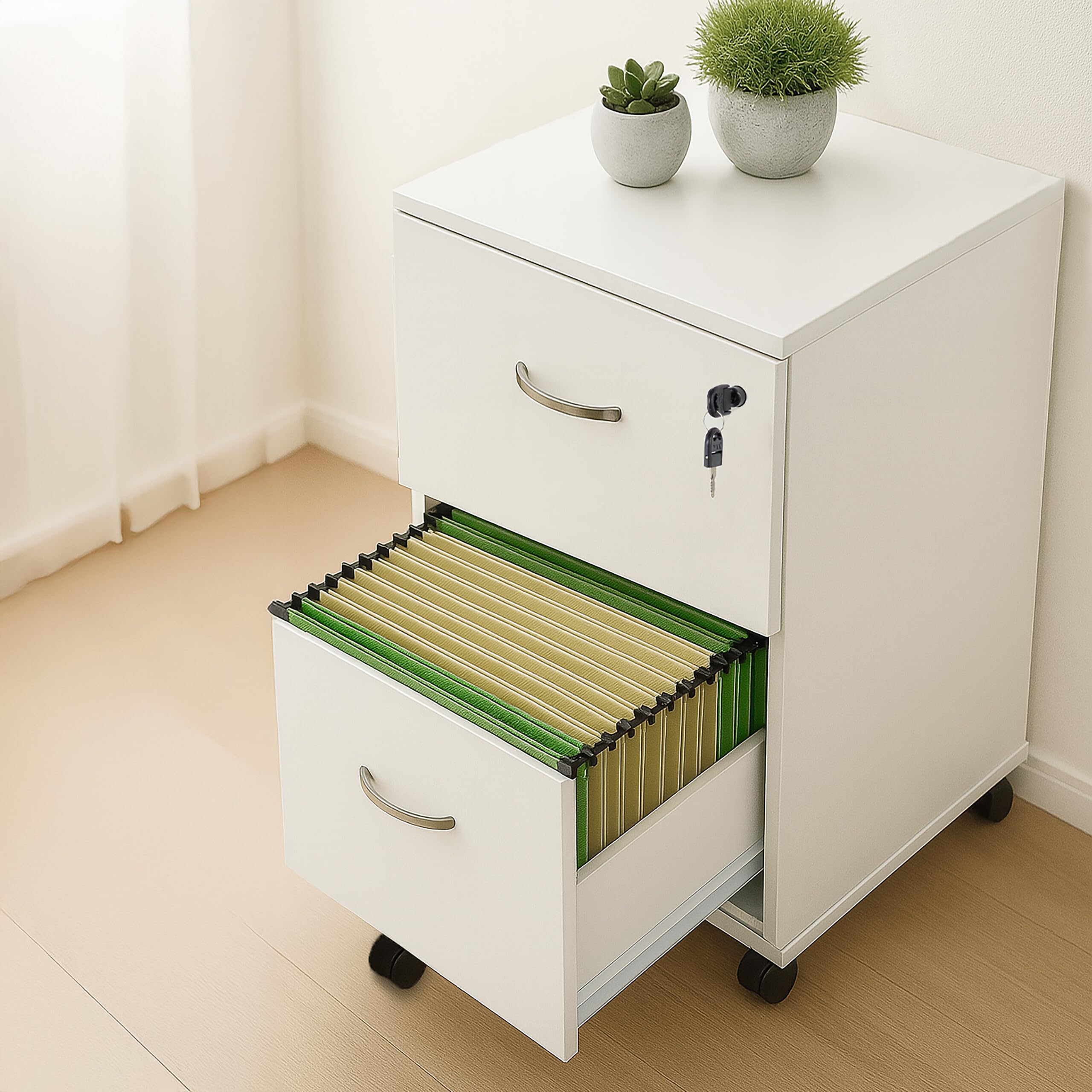 Relaxdays Caisson de Bureau 2 Tiroirs avec Clé Barres Dossiers Suspendus 72 x 43 x 46 cm Blanc