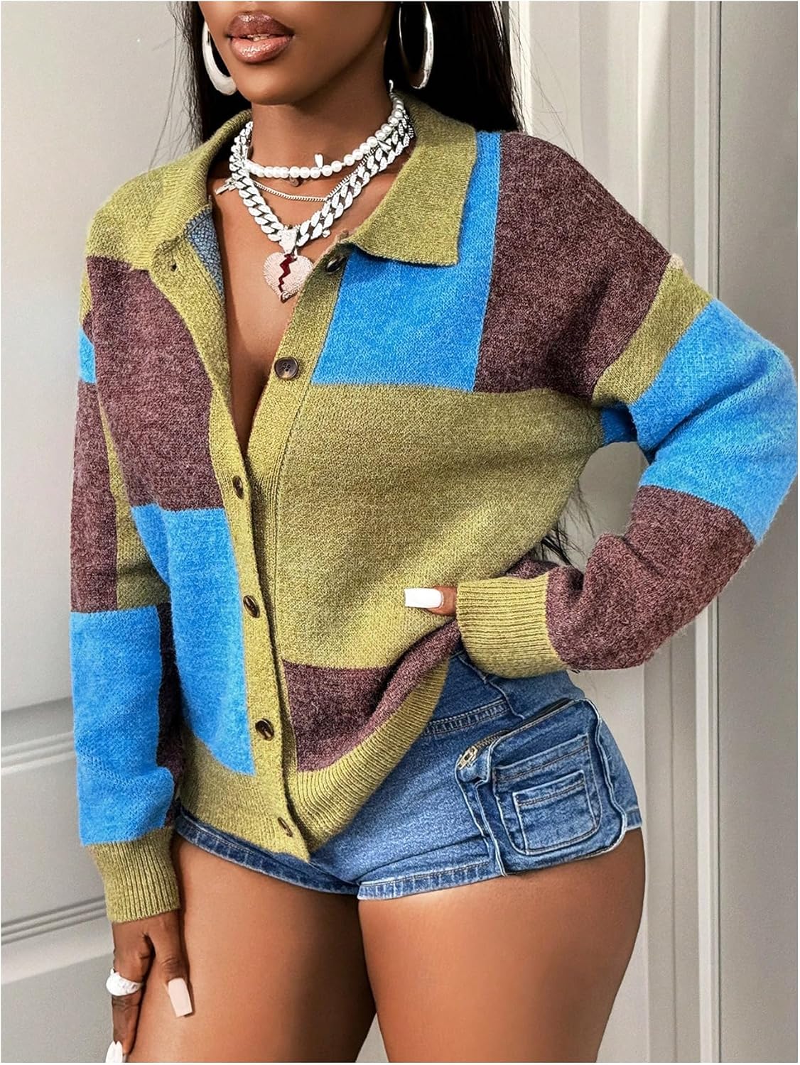 SOLY HUX Women's Color Block Cardigan Sweater Button Down Long Sleeve Collared Sweaters Fall Winter Clothes - Image 3