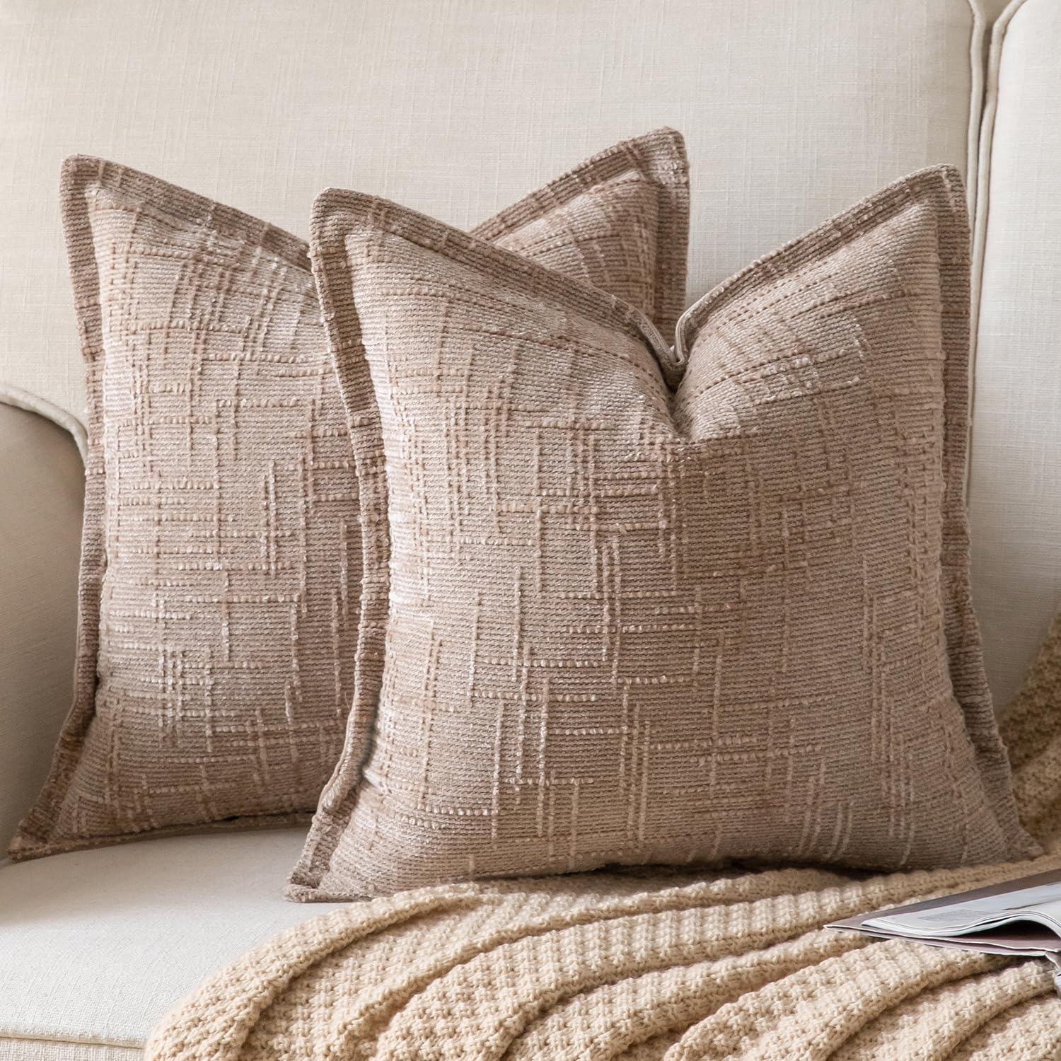 YAERTUN Chenille Cushion Covers 60x60 cm 24x24 inch Set of 2 Textured Broadside Soft Cozy Velvet Throw Pillow covers Farmhouse Boho Decorative Pillow Cases for Couch Bed Sofa Livingroom Camel