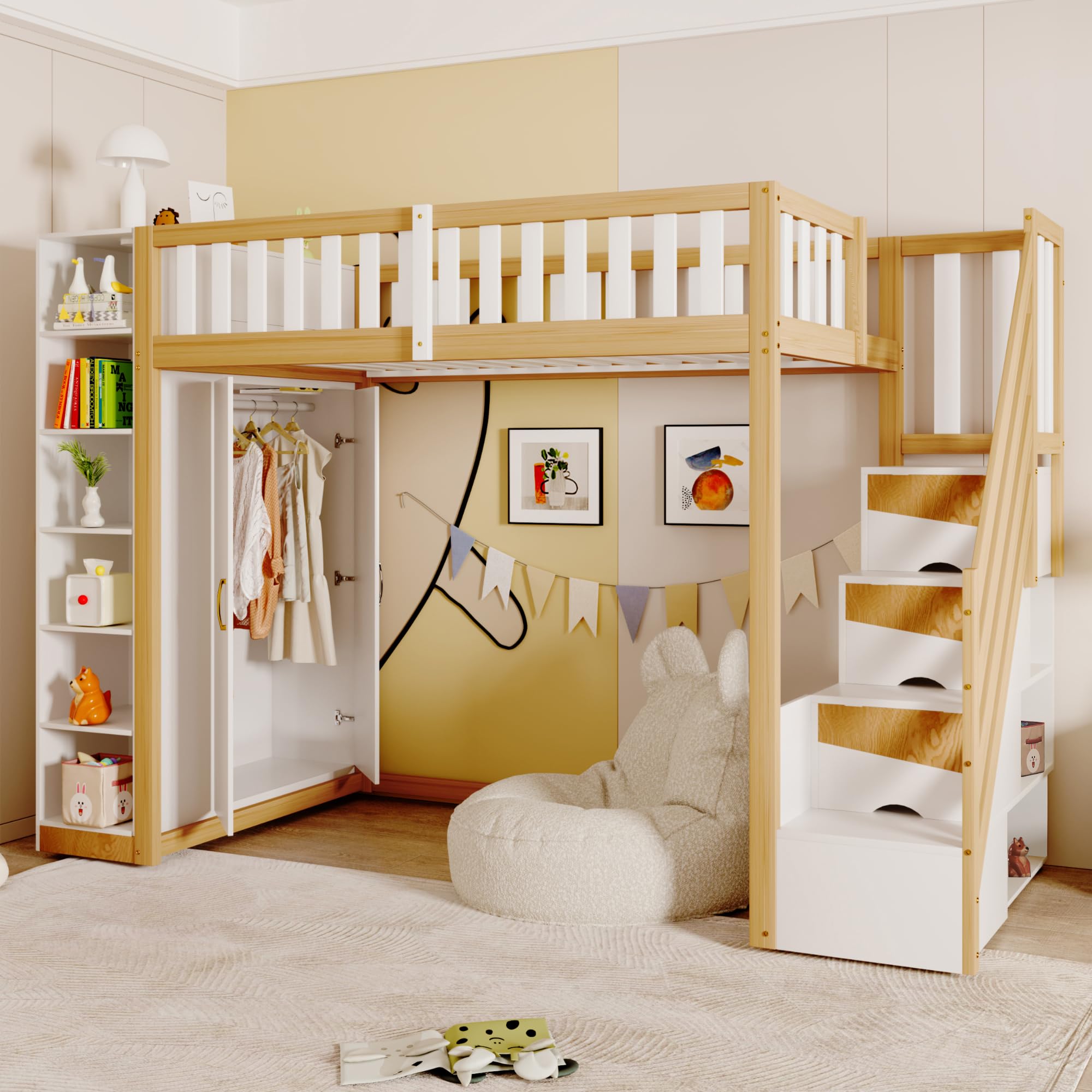 Azkoeesy Letto a soppalco singolo 90x200 cm - scala sicura/spazio di archiviazione/armadio/libreria/scrivania sul letto superiore - legno di pino - per bambini e ragazzi (naturale)
