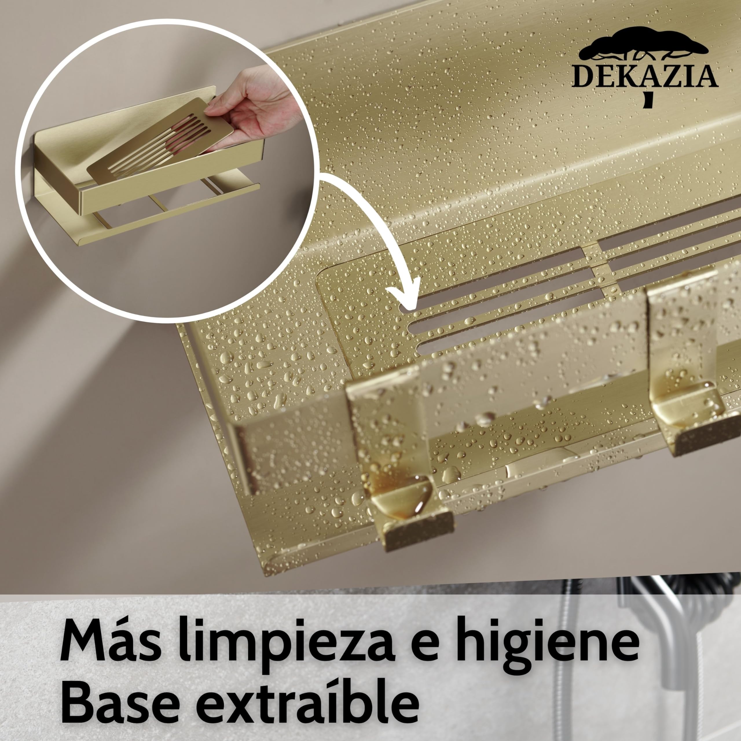 DEKAZIA® Estante de Ducha Dorado Sin Agujeros, Accesorio para Baño Sin Taladrar | portashampoo, estantes dorados, adhesivo, accesorios, acero inoxidable, estante