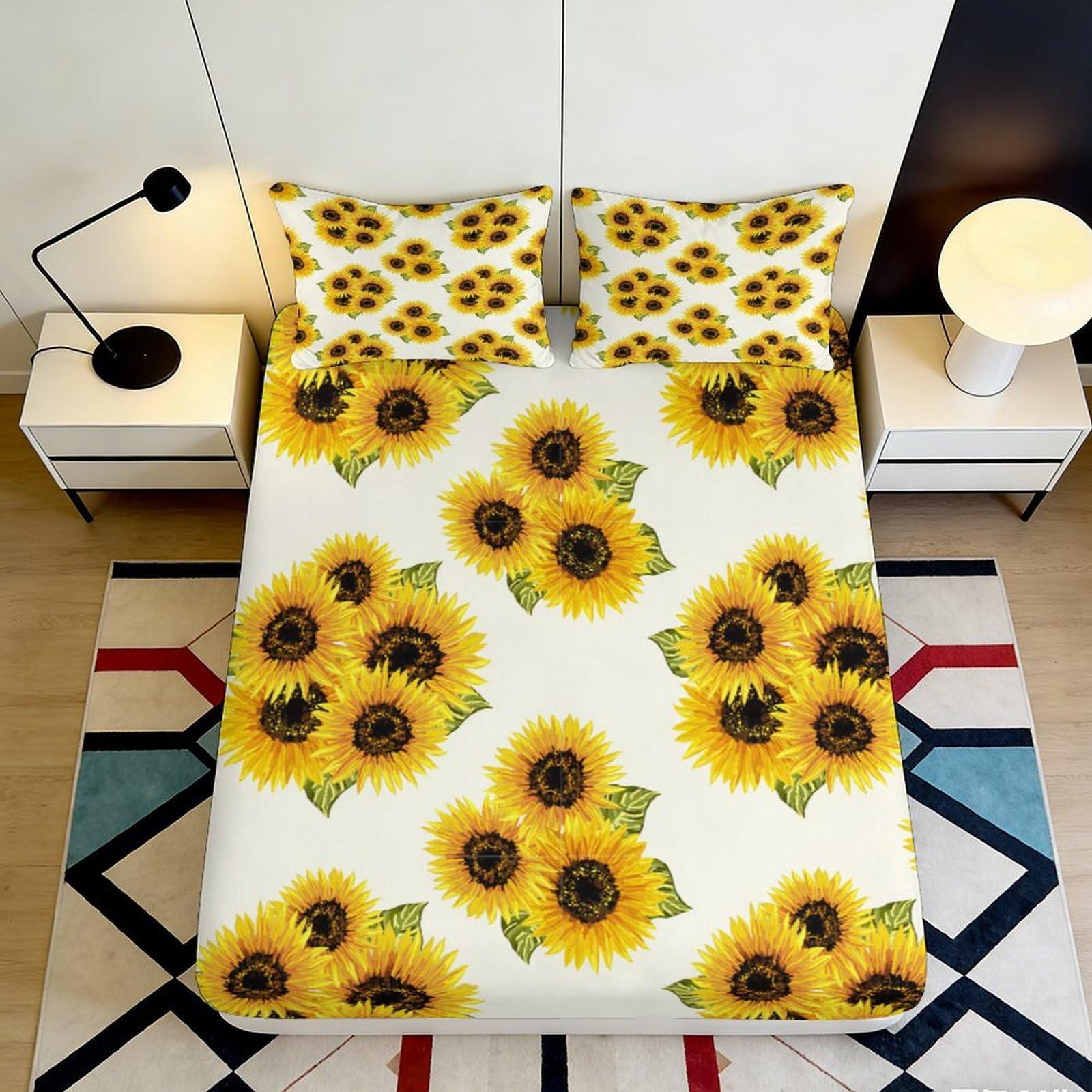 3D Printed Sunflower Fitted Sheet Microfiber Deep Pocket Non-Slip Bedroom Sunflower Mattress Fitted Cover Washable 90x200x25cm