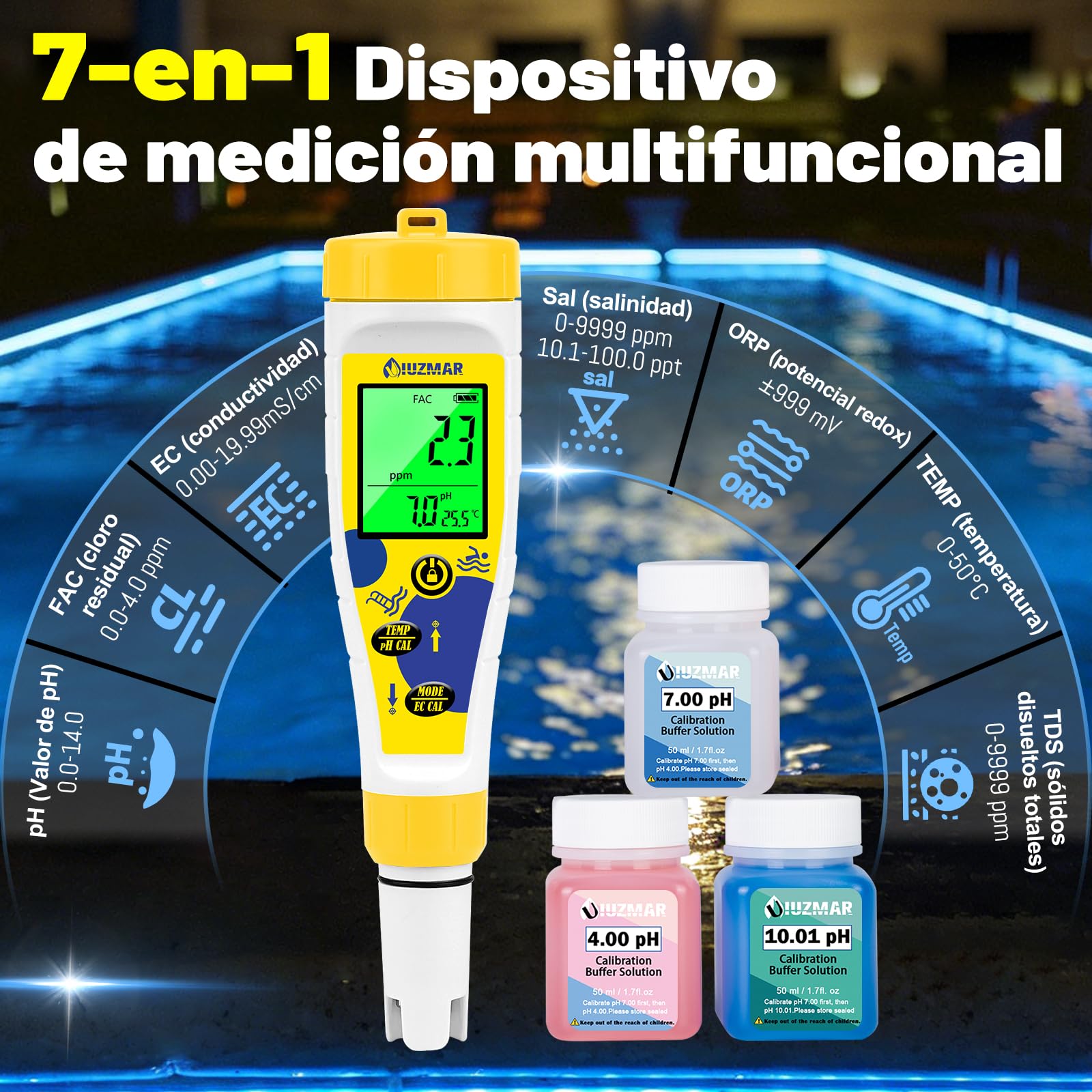UIUZMAR Medidor Cloro y pH Sal Piscinas Digital, Salinidad Piscina Salina | Muestra Simultáneamente pH/CL/Temp, 7 en 1, Medición de pH, EC, TDS, Sal, Cloro Residual, ORP y Temp Acuarios Spa