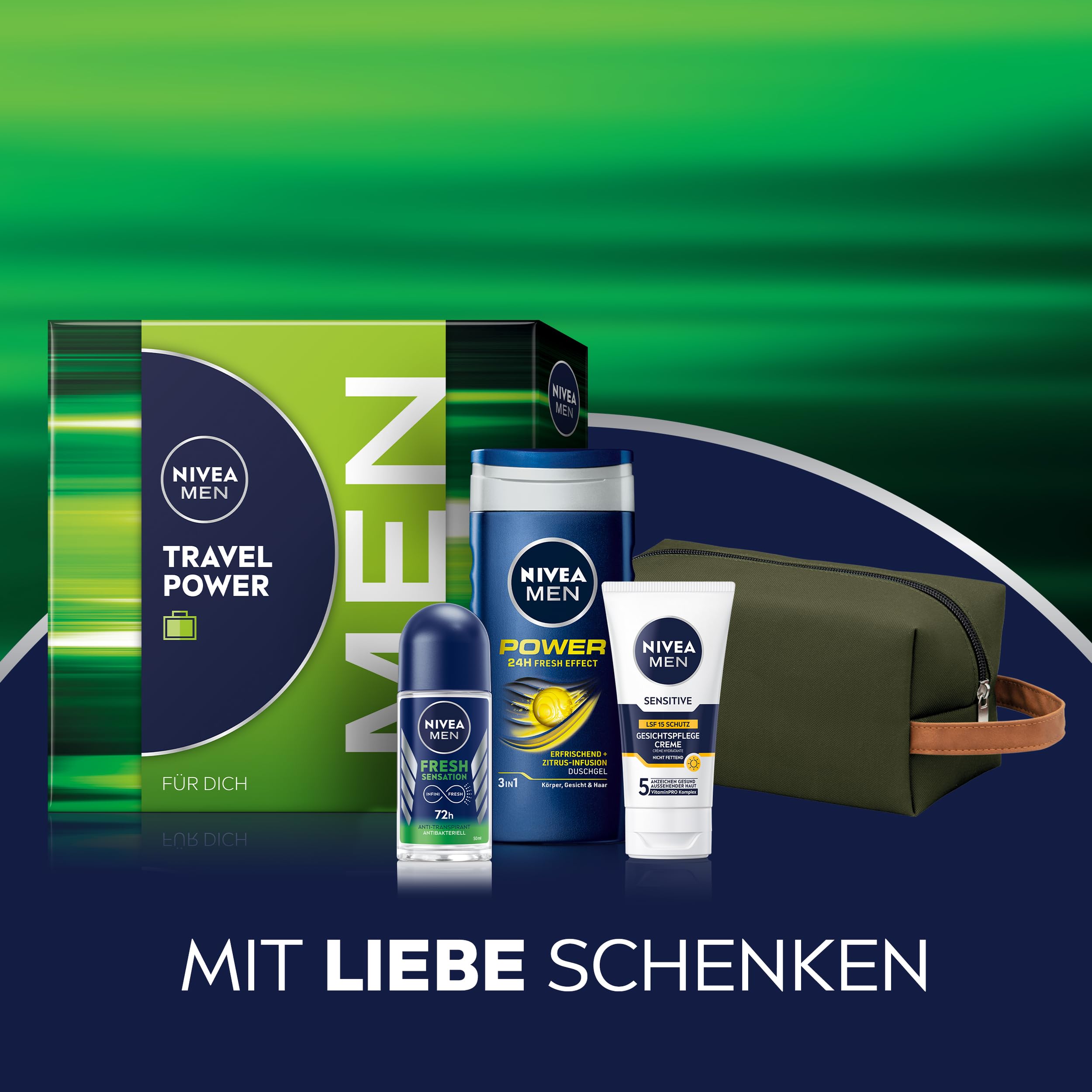 NIVEA MEN Travel Power Geschenkset, Pflegeset mit Pflegeprodukten für unterwegs, Set mit NIVEA MEN Duschgel, Deo Roll-on, Gesichtspflege Creme und Kulturtasche