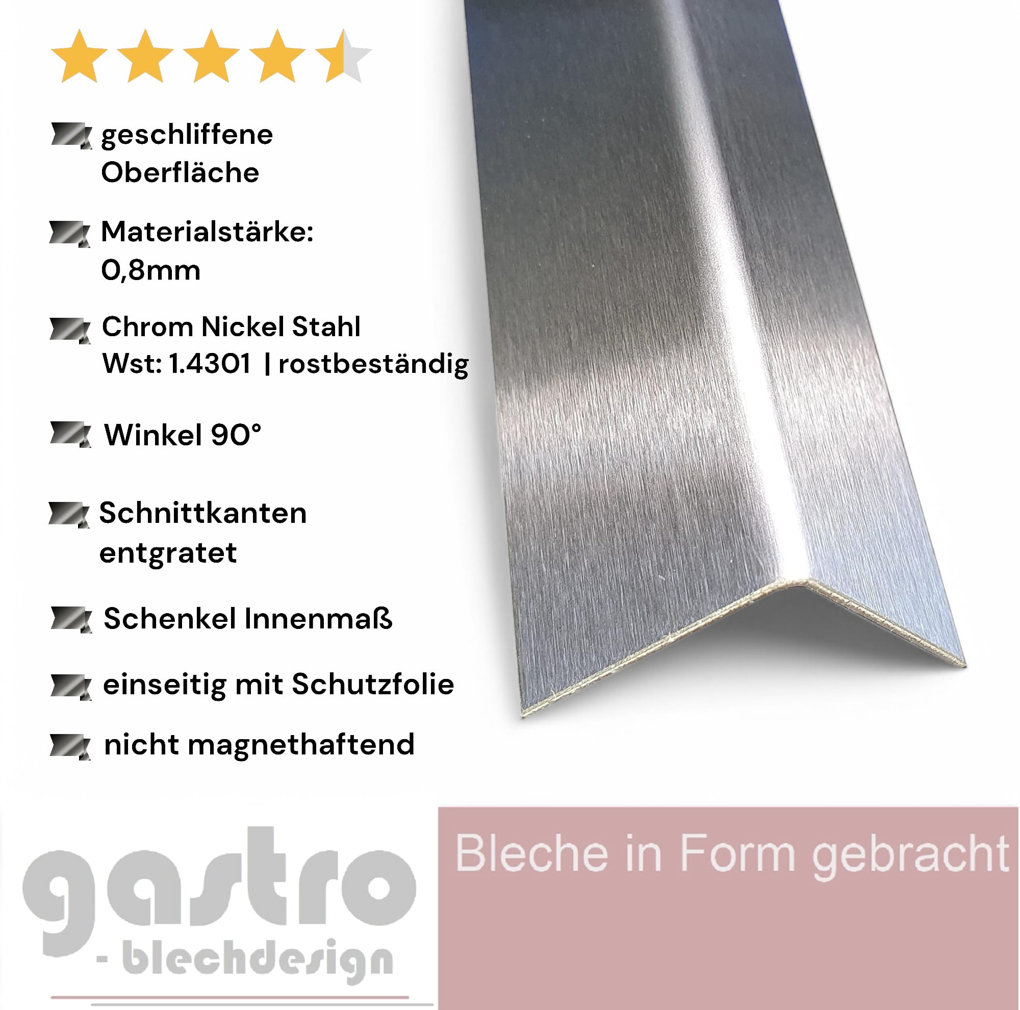 Winkelprofil Edelstahl - 2m lang - 5x2cm - 0,8mm stark - K240 geschliffen V2A - Winkelblech Edelstahlwinkel -200cm 2000mm- Kantenschutz Edelstahl Winkelprofil 50x20mm