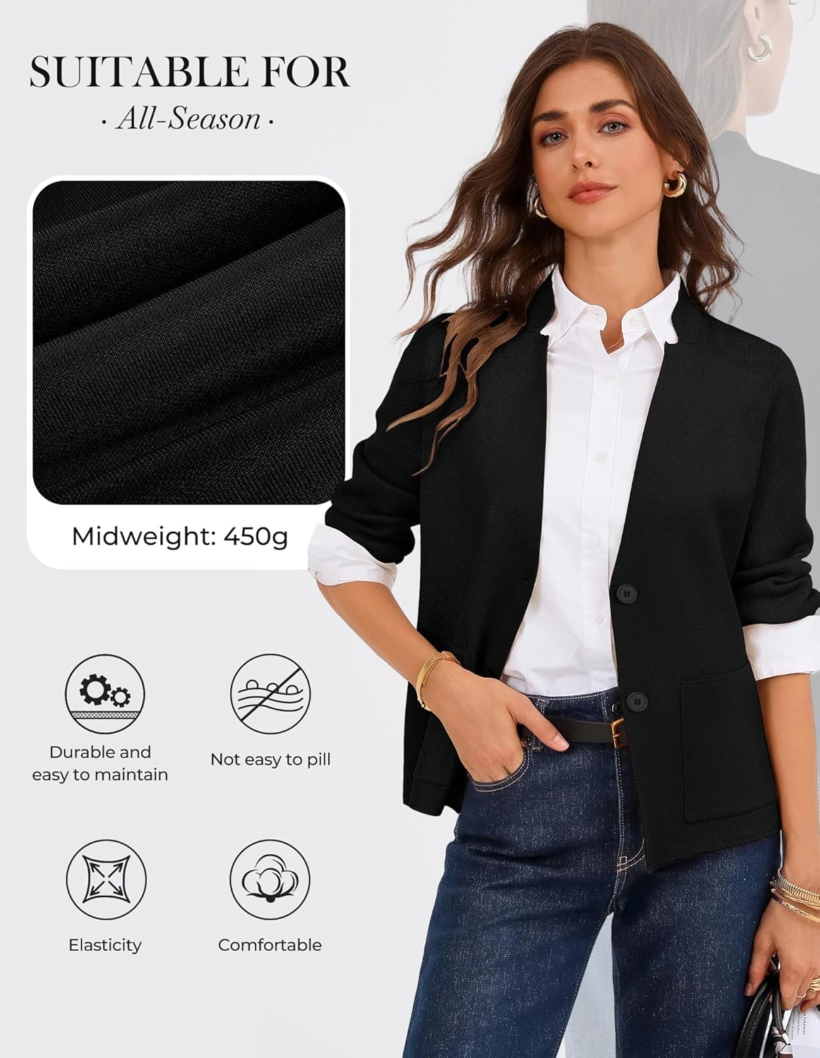 GRACE KARIN Women Sweater Blazer Business Casual Knit Cardigan 2026 Long Sleeve Suit Jackets Work Blazers with Pockets - Image 3