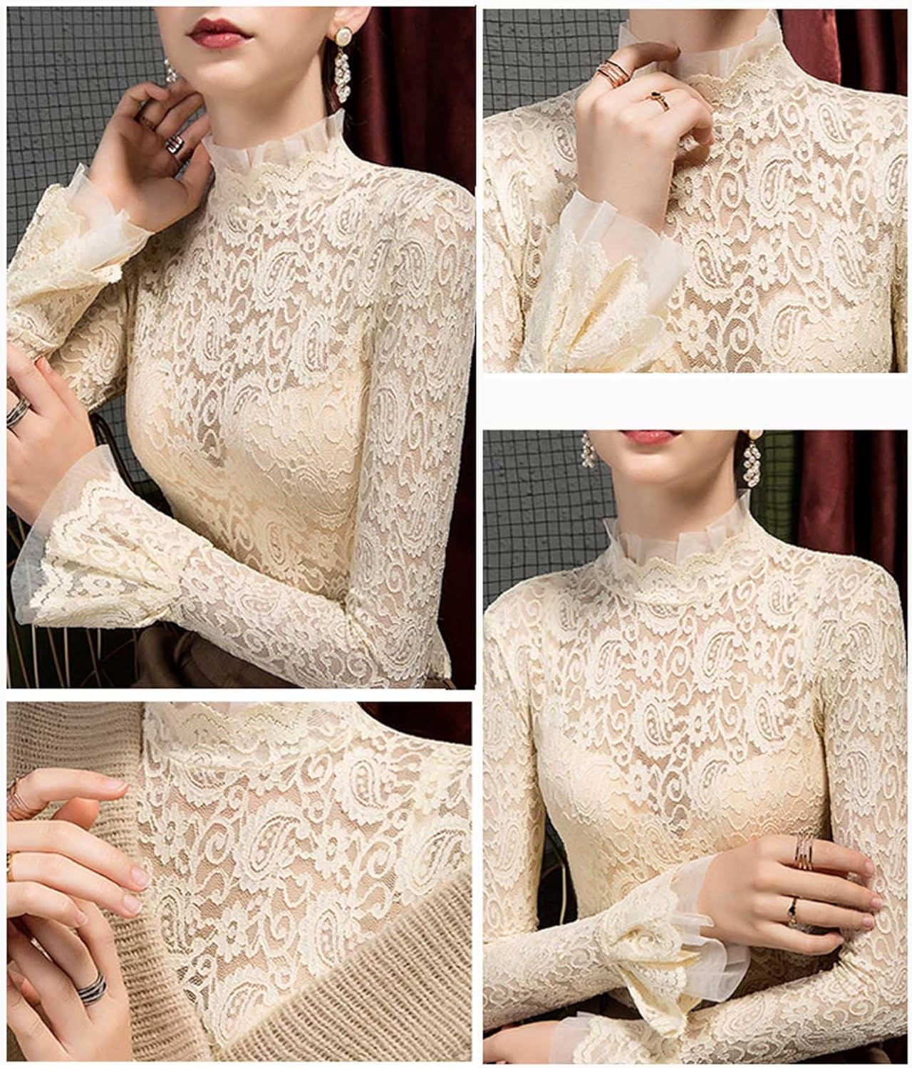 METWAY Lace Top for Women Long Sleeve Lace Shirt Sheer Turtleneck Ruffle Floral Mesh Undershirt Going Out Sexy Blouse - Image 2