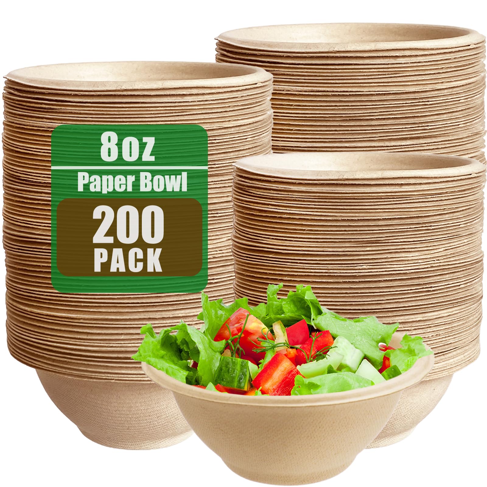 Tiaiidi 200 Pack Compostable Natural Paper Bowls,8 oz Disposable Paper Bowls,Sugarcane Bowls Heavy Duty Small Bagasse Bowls for Salad,Snack,Soup,Party