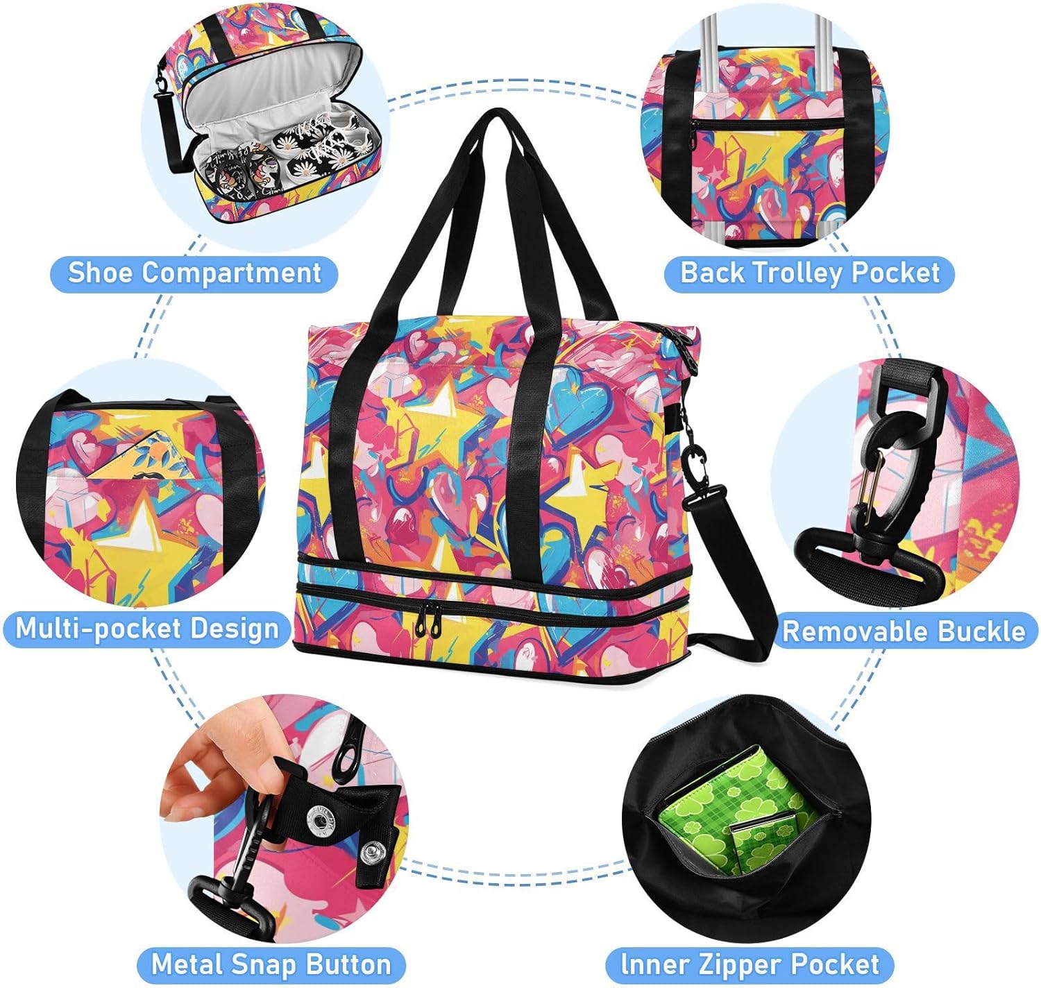 Graffiti art hearts stars sweet Duffel Bags Weekender/Overnight Duffel Gym Sports Duffel Bag with Toiletry Bag for Hiking Large Capacity