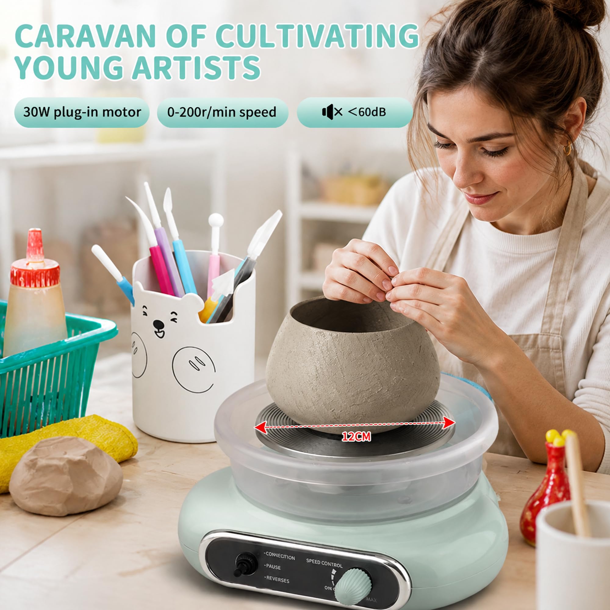 Tornio per Ceramica,Mini Ruota di Ceramica 200RPM per Artigianali Fai-da-Te | Macchina per Argilla con Piatto Girevole da 12 cm con 8 Strumenti per Scolpire per Adulti