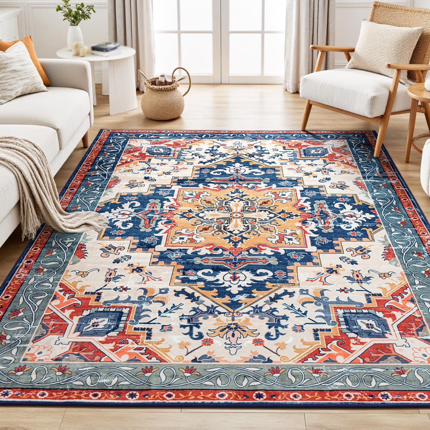 Tapis de salon oriental vintage bleu et beige 120x170cm résistant usure