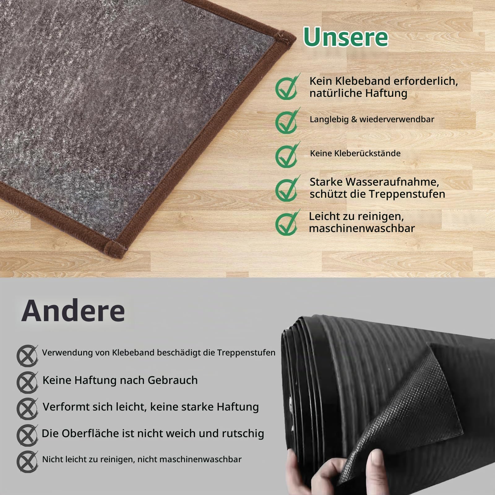 YISUN Leinenimitat Treppenstufen Matten 15pcs, Abnehmbar und Waschbar | Stufenmatten Selbstklebend Rückseite 65x20 cm, Stumm Antirutsch Treppenteppich für Treppe, Küche, Schlafzimmer, Badezimmer