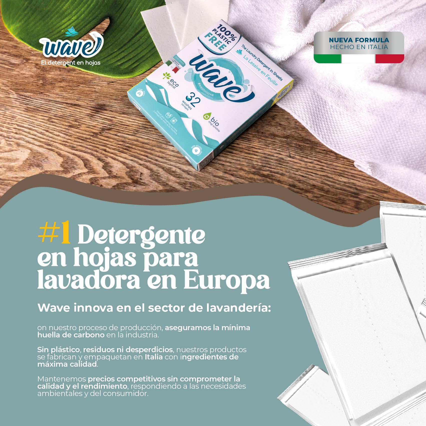 Wave Washing Classic – El Detergente en Hojas – 100% LIBRE DE PLÁSTICO – Multipack XL - 208 lavados – Ecológico – Biodegradable – Compostable