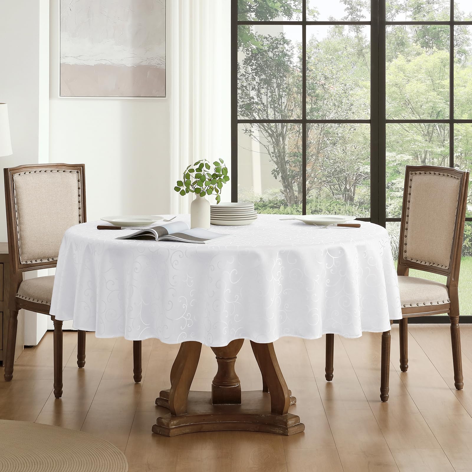 Romanstile Tovaglia bianca natalizia rotonda 160 cm Antimacchia Jacquard idrorepellente Tovaglie elegante per Natale Feste esterno Compleanno Albergo, Ristorante, Bar, Caffè, Birstro,capodanno