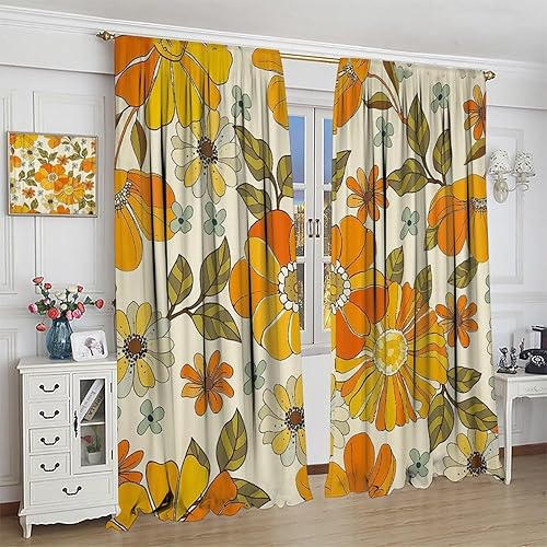 Miniatura 4 de Cortinas florales retro de los años 70 con patrón de margaritas naranjas de mediados de siglo, con bolsillo para barra, cortina para sala de estar y