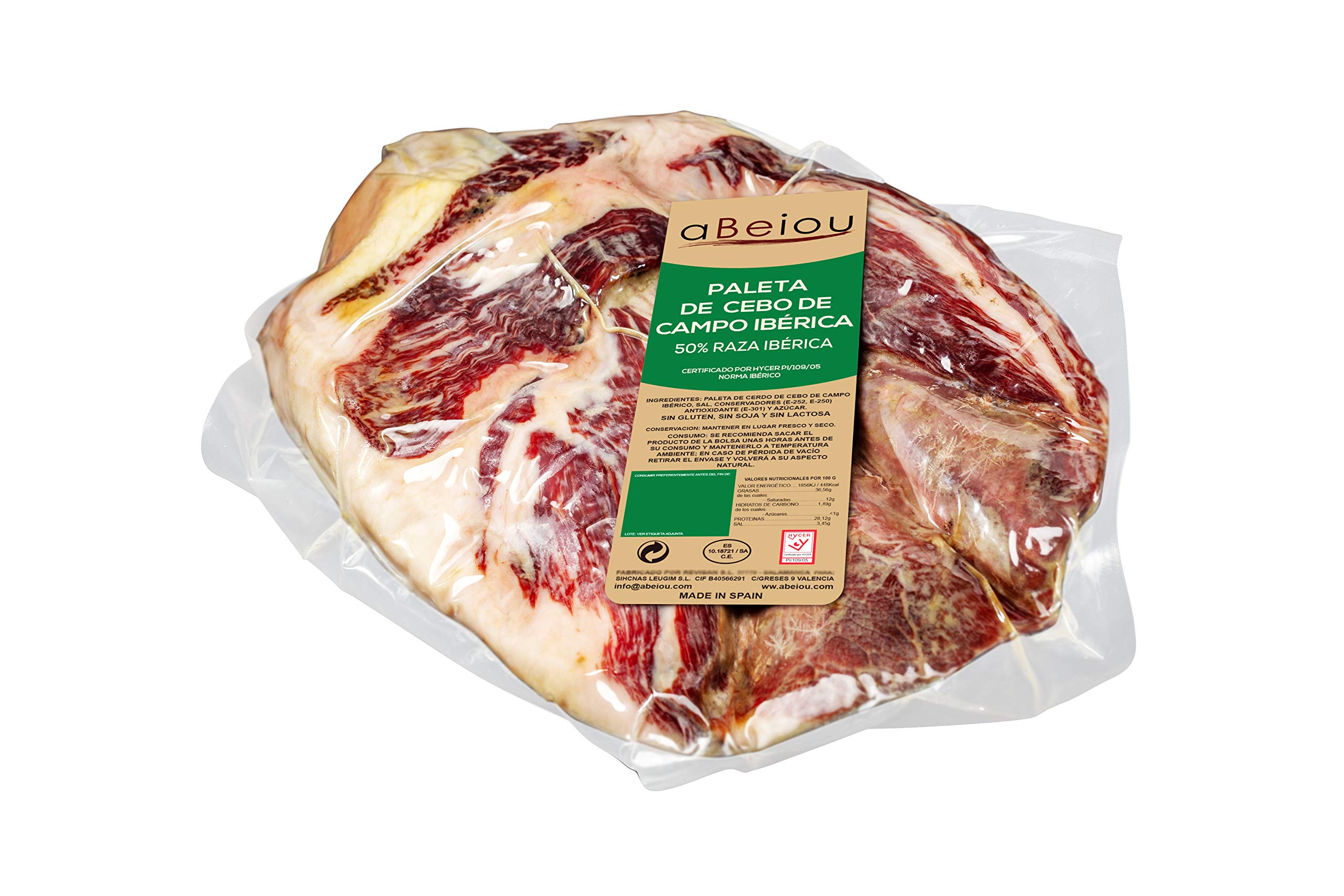 Spanish BONELESS IBERICO HAM - Grass-fed Shoulder - Jamon iberico Cebo de Campo - Pata Negra. Whole Vacuum Packed. Cured +28Months in Guijuelo Salamanca. Hycer Warranty Certificate. 2-2'5kg