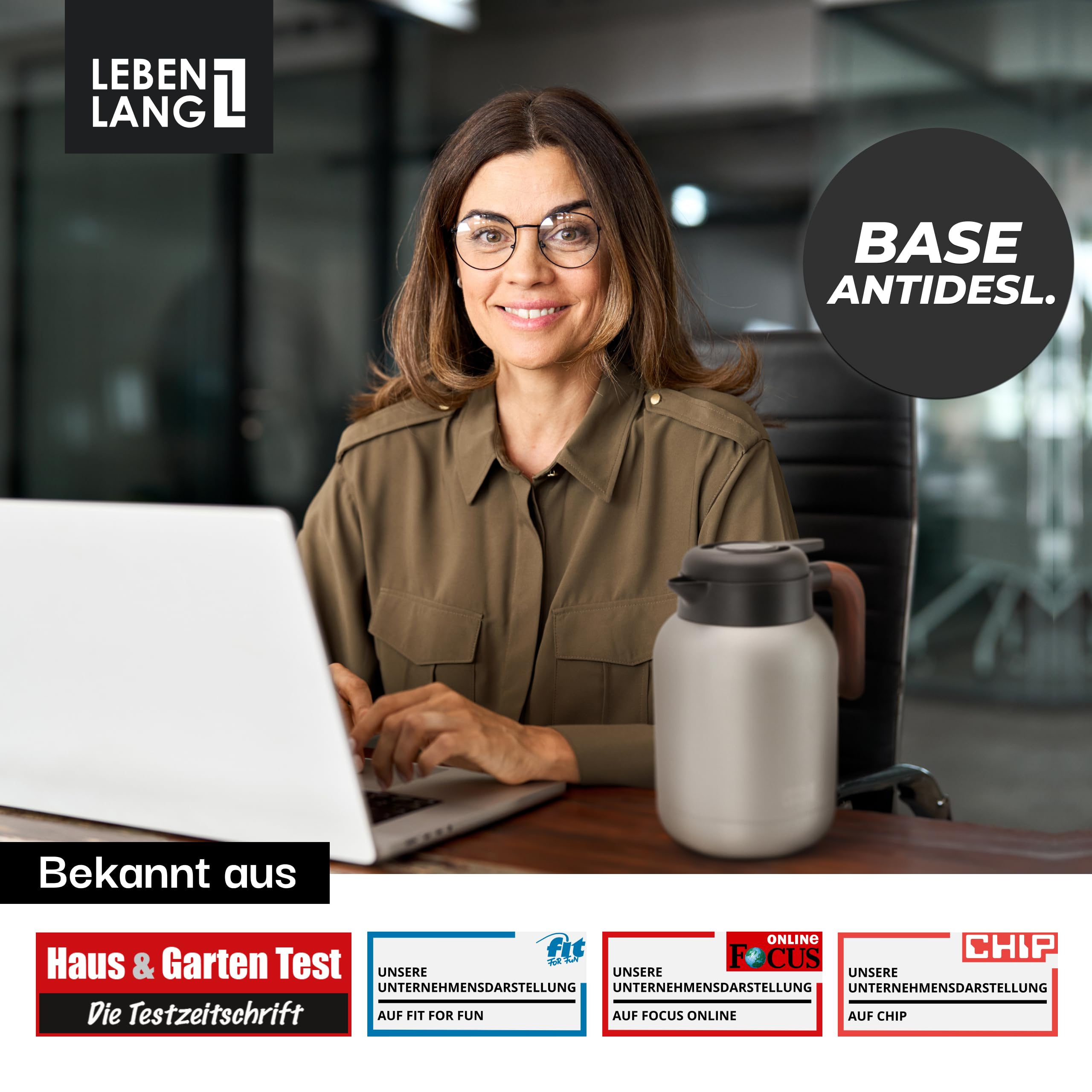 LEBENLANG Termo para cafe 1,5 l Gris - Revestimiento cerámico & sin BPA I Mantiene el calor durante 24 horas & incl. colador de té I Termos agua caliente Thermos café acero