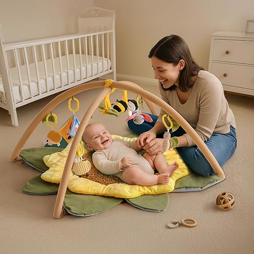 Miniatura 8 de ROBUD Tapete de juego para bebé, con forma de girasol, con 7 juguetes desmontables, tapete de juego de gran tamaño para bebés de 0 a 6 meses